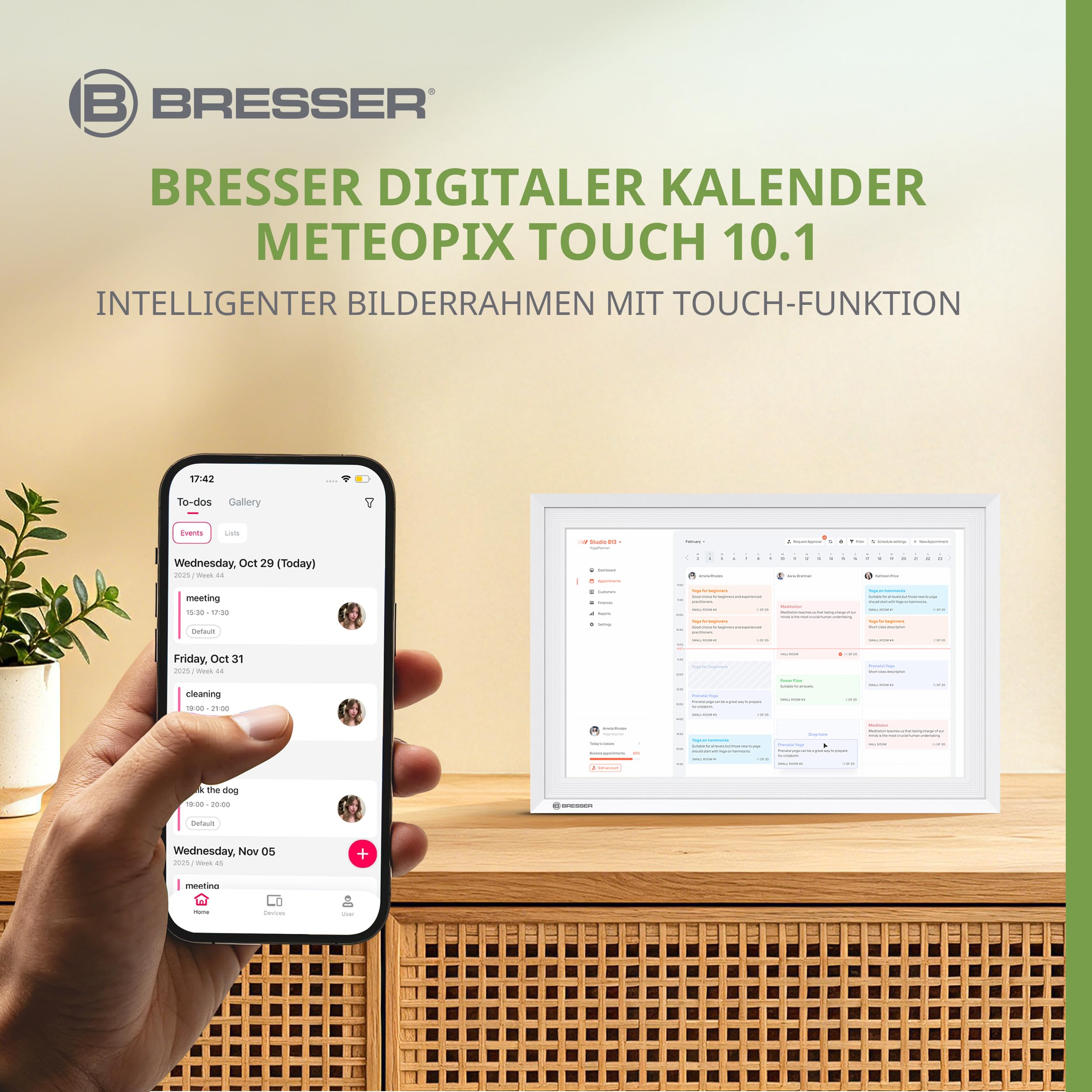 Bresser Digitaler Kalender 10,1 Zoll Touchscreen Familienplaner mit App Bilderrahmen Wetter 7 Tage Weiß