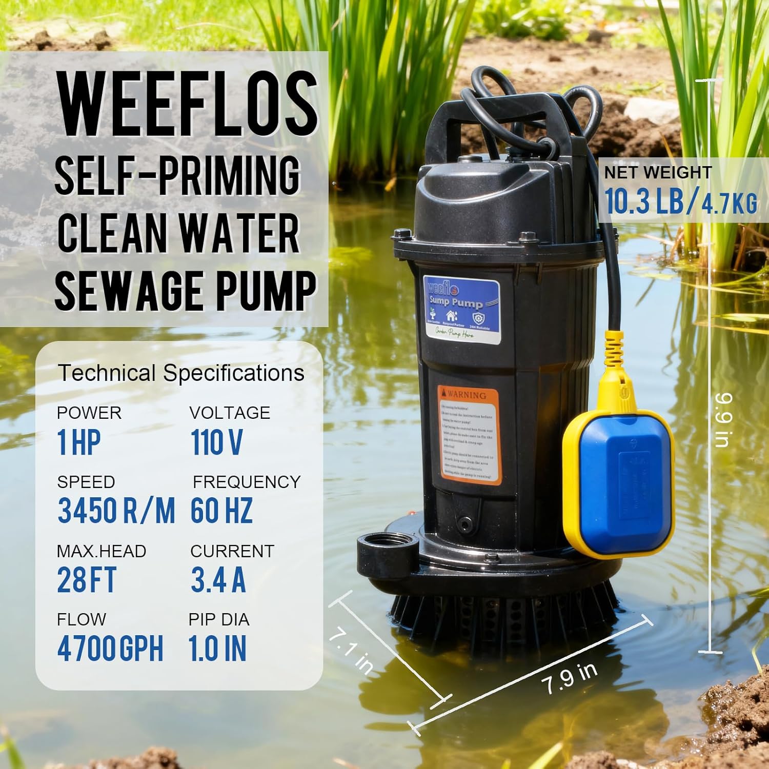 Weeflos 1.0HP Submersible Sump Pump, Automatic Water Pump w/ 4200 GPH High Flow, 18ft Max Head, for Dirty Water Removal, Flooded Basement, Swimming Pool Cover, Hot Tubs, Aluminum (1HP/28FT)