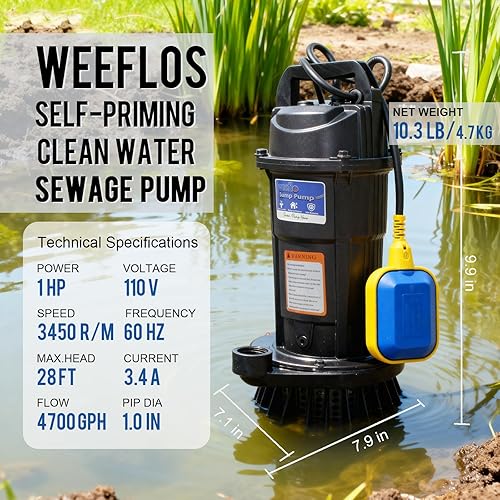 Miniatura 3 de Weeflos Bomba sumergible, de sumidero y utilidad 1HP, bomba de agua de alto caudal de 4700 gph, cabeza máxima de 28 pies, carcasa de aluminio