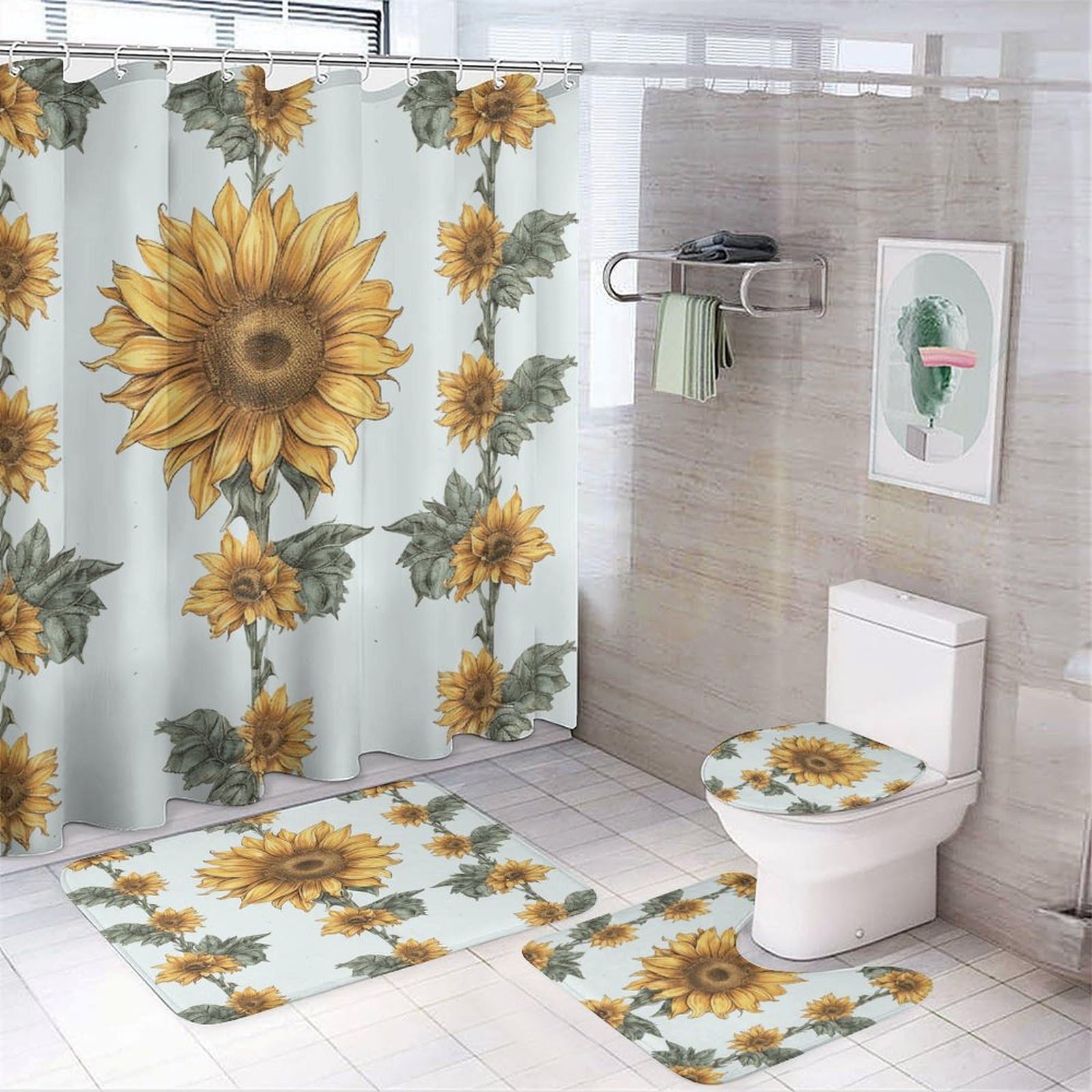Rideau de douche imperméable et tapis antidérapant tournesol pour salle de bain