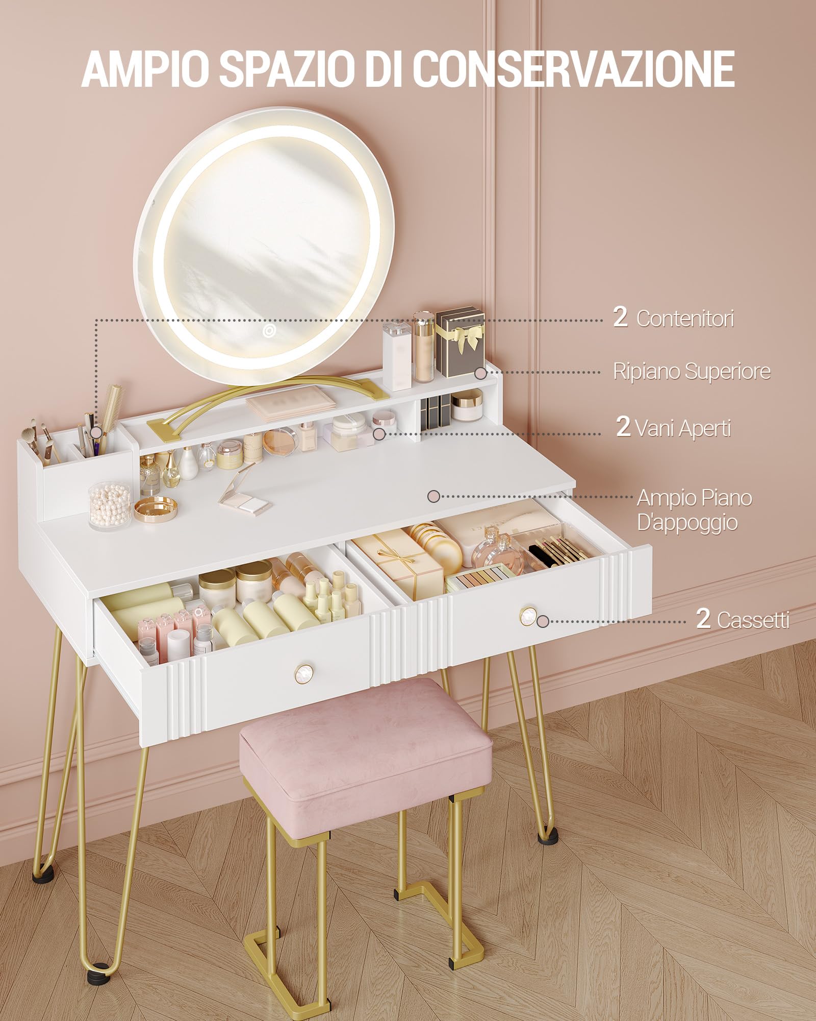 Hzuaneri toeletta trucco con Sgabello e Illuminazione, toeletta da trucco con specchio, Sgabello imbottito rosa, con Cassetti, 40 x 90 x 140 cm, Bianco Opaco e Oro DT42403XEU