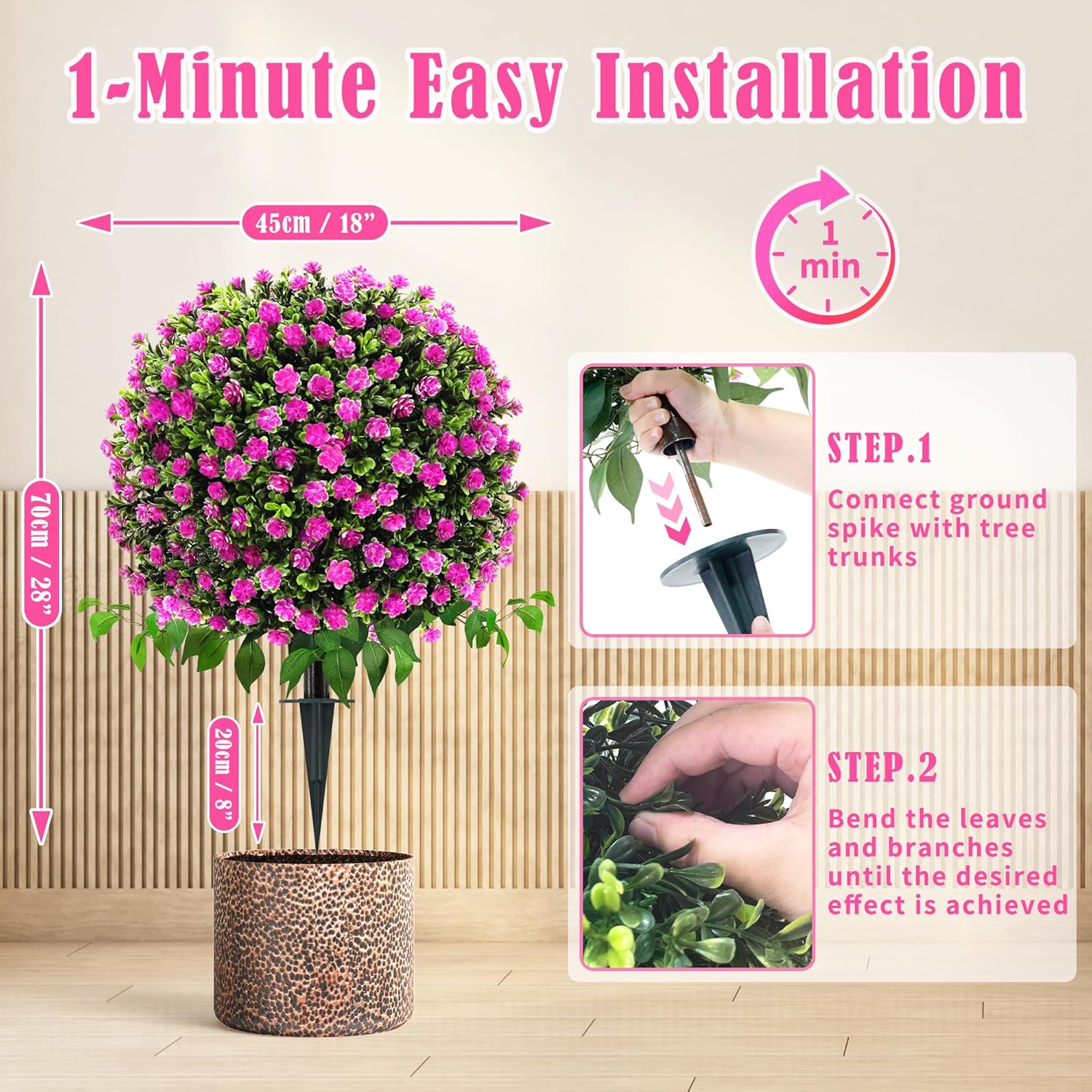 Artificial Boxwood Topiary Trees with Roses, 2 Pack Lifelike Evergreen Shrubs Featuring Ground Spike, Artificial Plants UV Protected for Year-Round Beauty in Indoor Outdoor Gardens and Porches