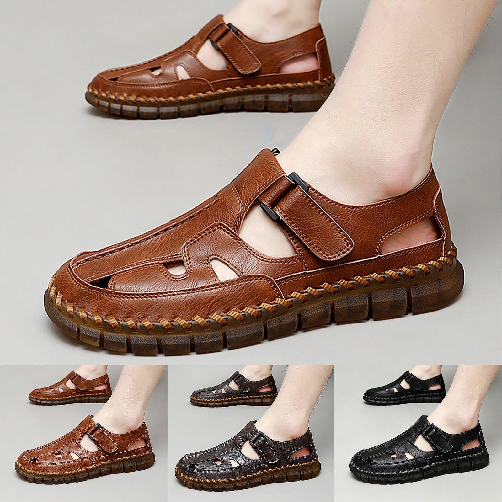 Sandalen Herren Leder Weiche Sohle Freizeitschuhe Ausgehöhlt Atmungsaktive Sneaker Sport Outdoor Sandas Slip on Geschlossene Zehen Sommer Schuhe Elegante Sommerschuhe Sandaletten