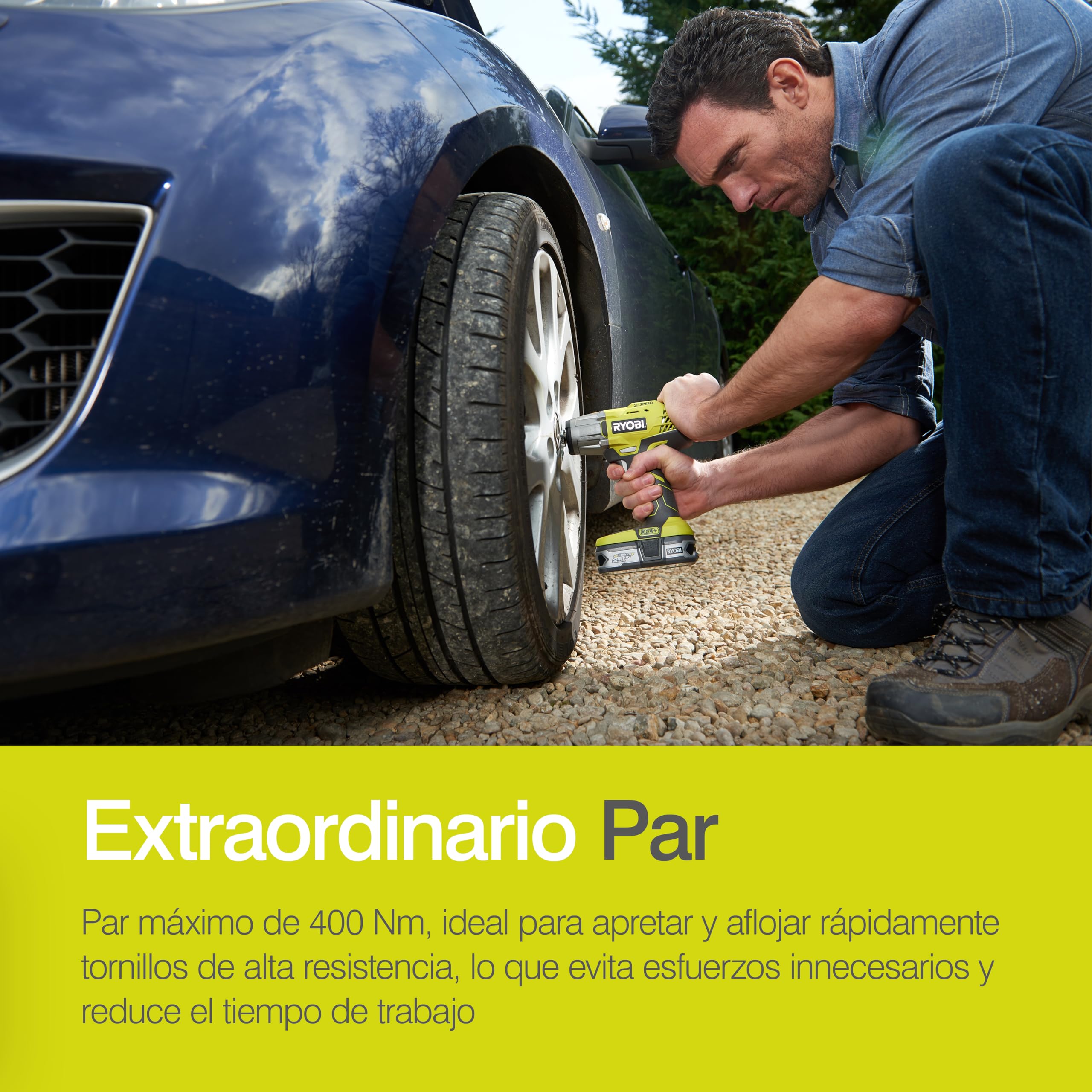 Ryobi - Llave de Impacto Eléctrica Sin Cable 18V ONE+ 400Nm - 3 Velocidades y 3 Pares de Apriete - Accesorio de Fijación Cuadrado 1/2" y Adaptador Hexagonal 1/4" - Inversor de Rotación - R18IW3-0