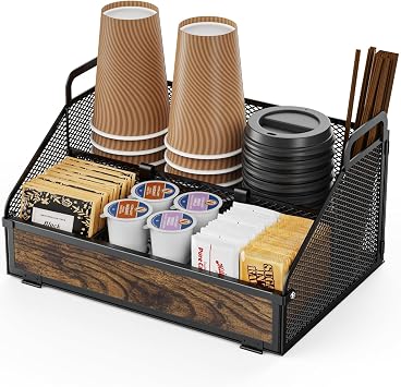 GSlife Coffee Station Organizer with Adjustable Dividers - Metal Mesh Countertop Accessories Organizer with Rustic Wood-Grain Front for Cups, Pods, Condiment, Syrup, Stirrers, Coffee Bar Decor, Black