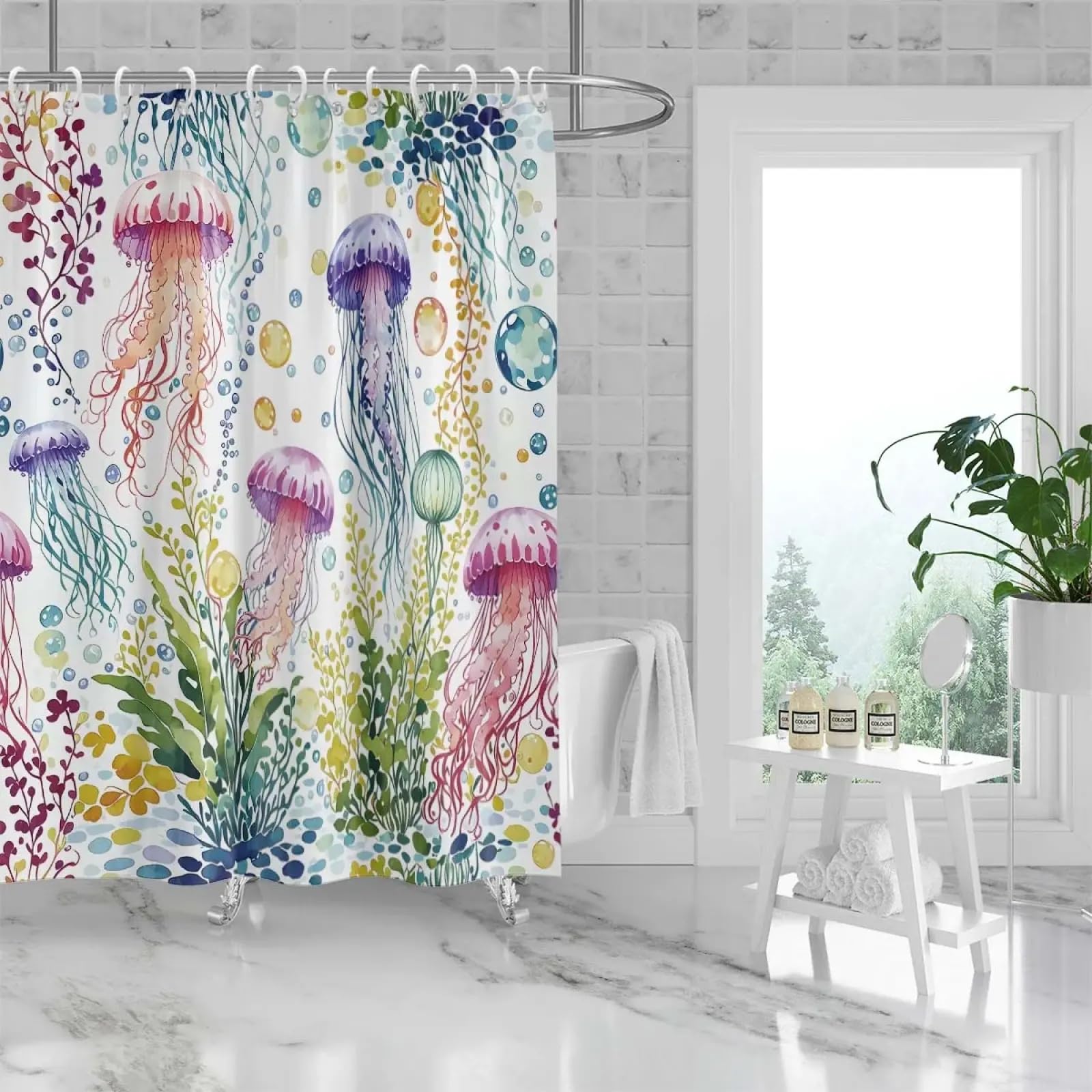 Rideau de Douche imprimé méduses, imperméable, avec 12 Crochets, pour Salle de Bain, Baignoire, Usage Domestique Tendance, 90 x 195 cm (l x H).