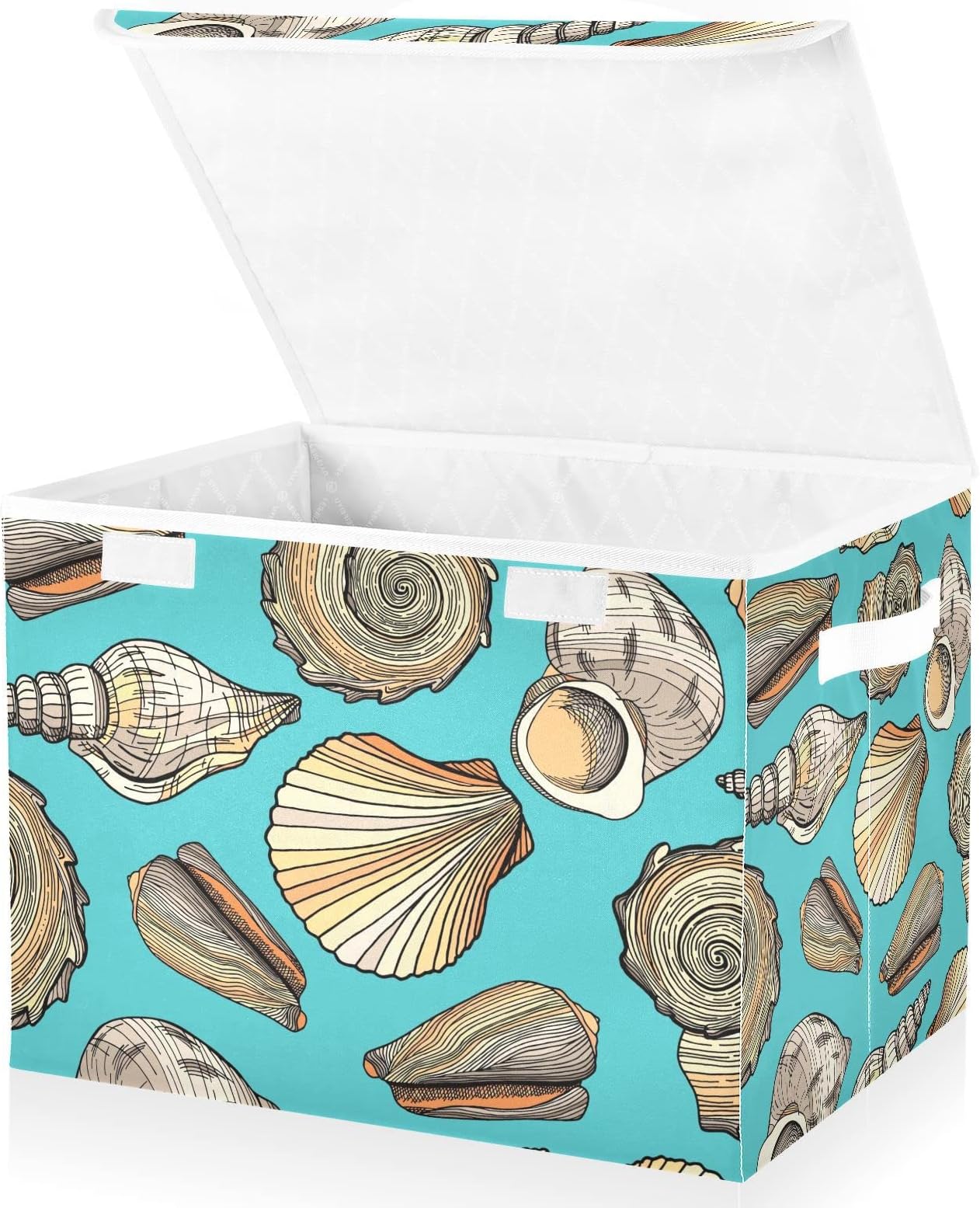 RunningBear Seashells Large Storage Bins with Lid Collapsible Storage Bin Toy Bin Storage Organizer Decorative Storage Baskets for Closet Nursery Cabinet Living Room