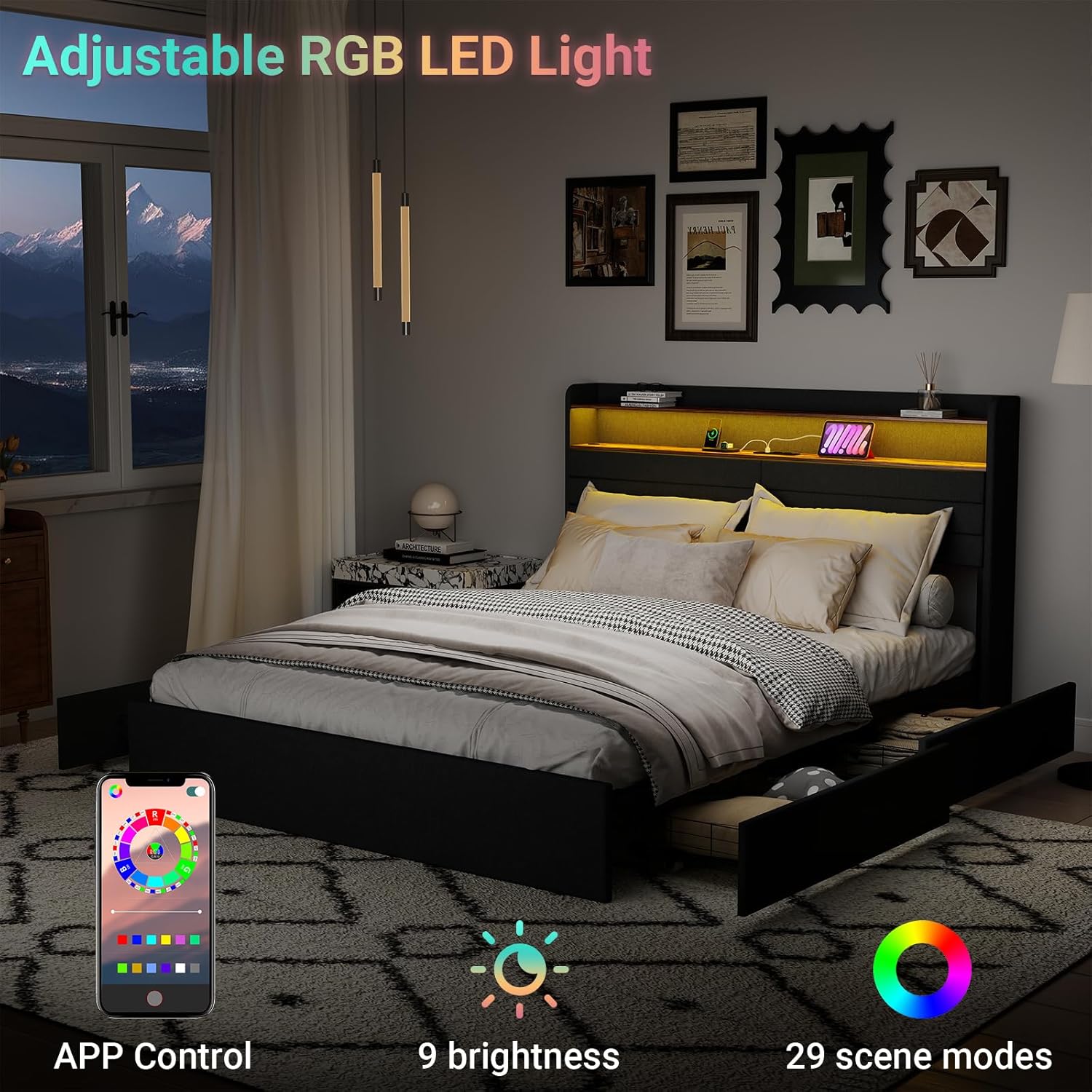 Queen Bed Frame with 4 Drawers, Upholstered Queen Size Bed Frame with Headboard, LED, Charging Station with USB Ports & AC Outlets, Sturdy Metal Slat Support, Noiseless, Gray