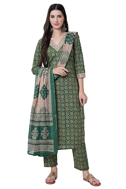 Arayna Women's Cotton Block Printed Straight Kurta with Palazzo Pants and Dupatta Set