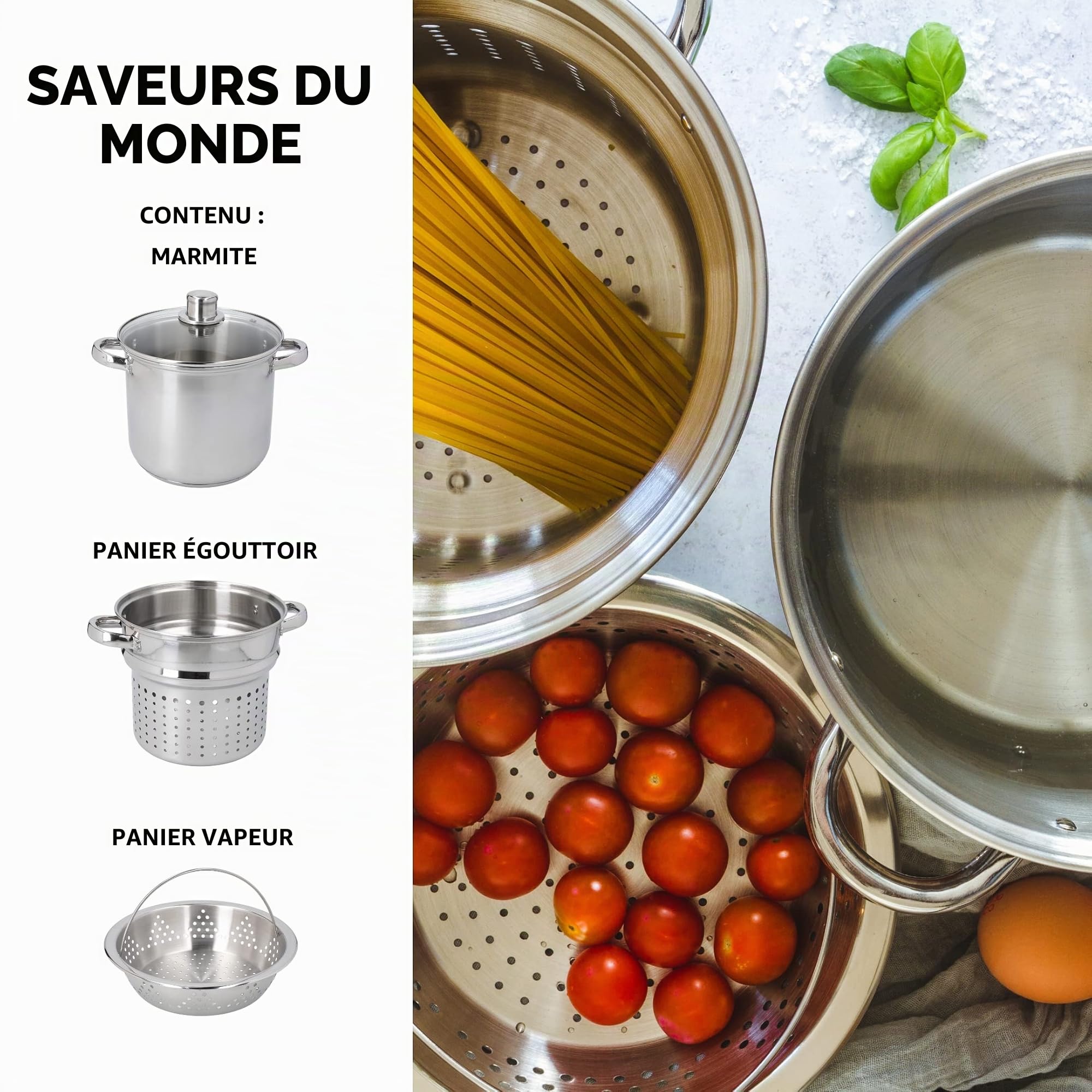 KitchenCraft - Pot À Pâtes World Of Flavours Avec Passoire Et Panier À Légumes Dans Une Boîte Cadeau, Résistant À L'Induction, Acier Inoxydable, 4 Litres
