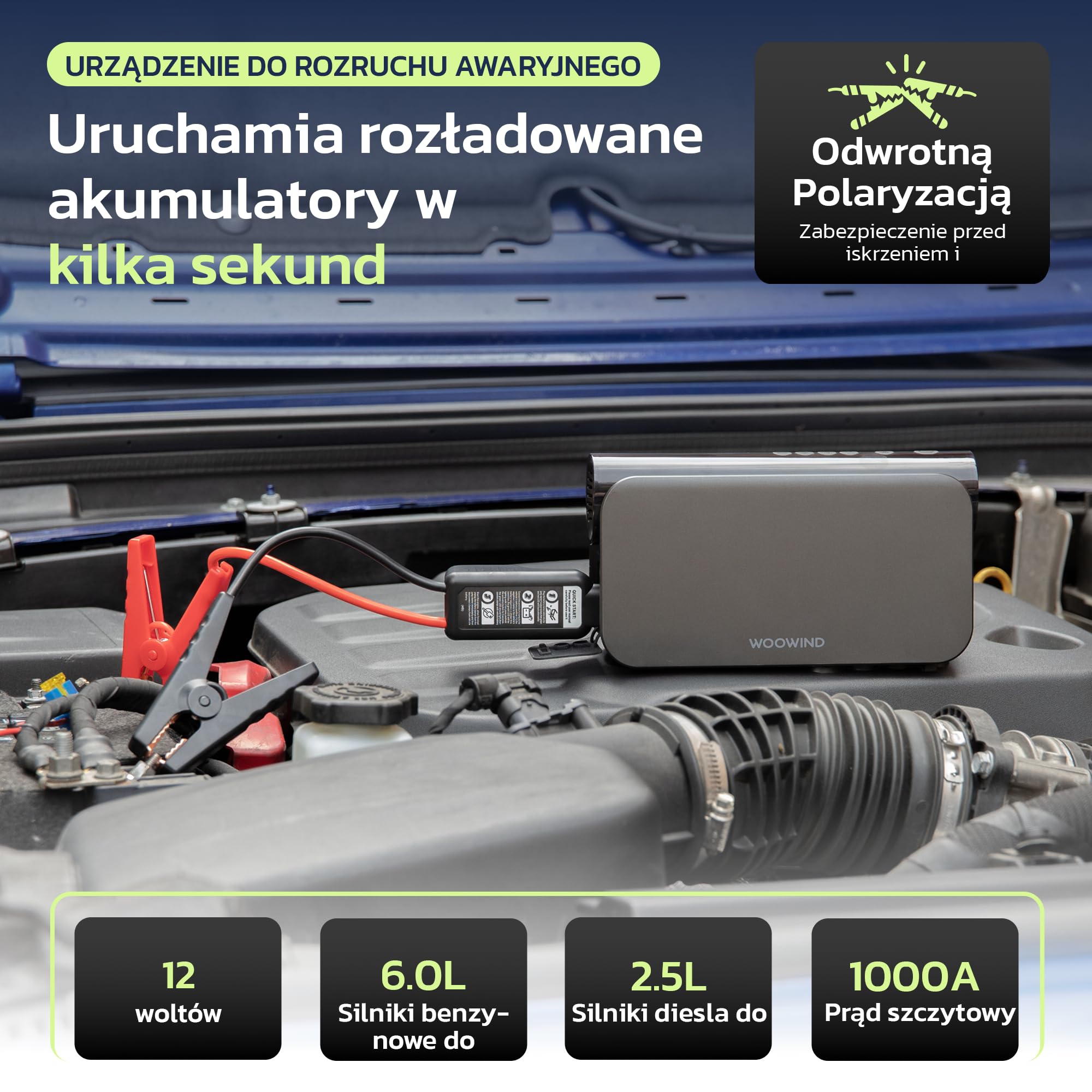 Wooowind Bora Plus 3w1 Przenośny Kompresor do Opon 150PSI | Rozrusznik awaryjny, pompka opon, powerbank, auto wyłączanie, LED, manometr, dysze, 10,3 BAR