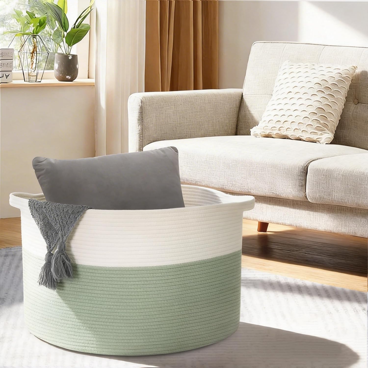 MEGASKET Extra Large Blanket Basket, 22" X 22" X 14" Kids Dog Toy Storage Bin Box, Nursery Baby Toddler Toy Organizer, Soft Cotton Rope Woven Bin, Large Basket for Blankets for Living Room, Green