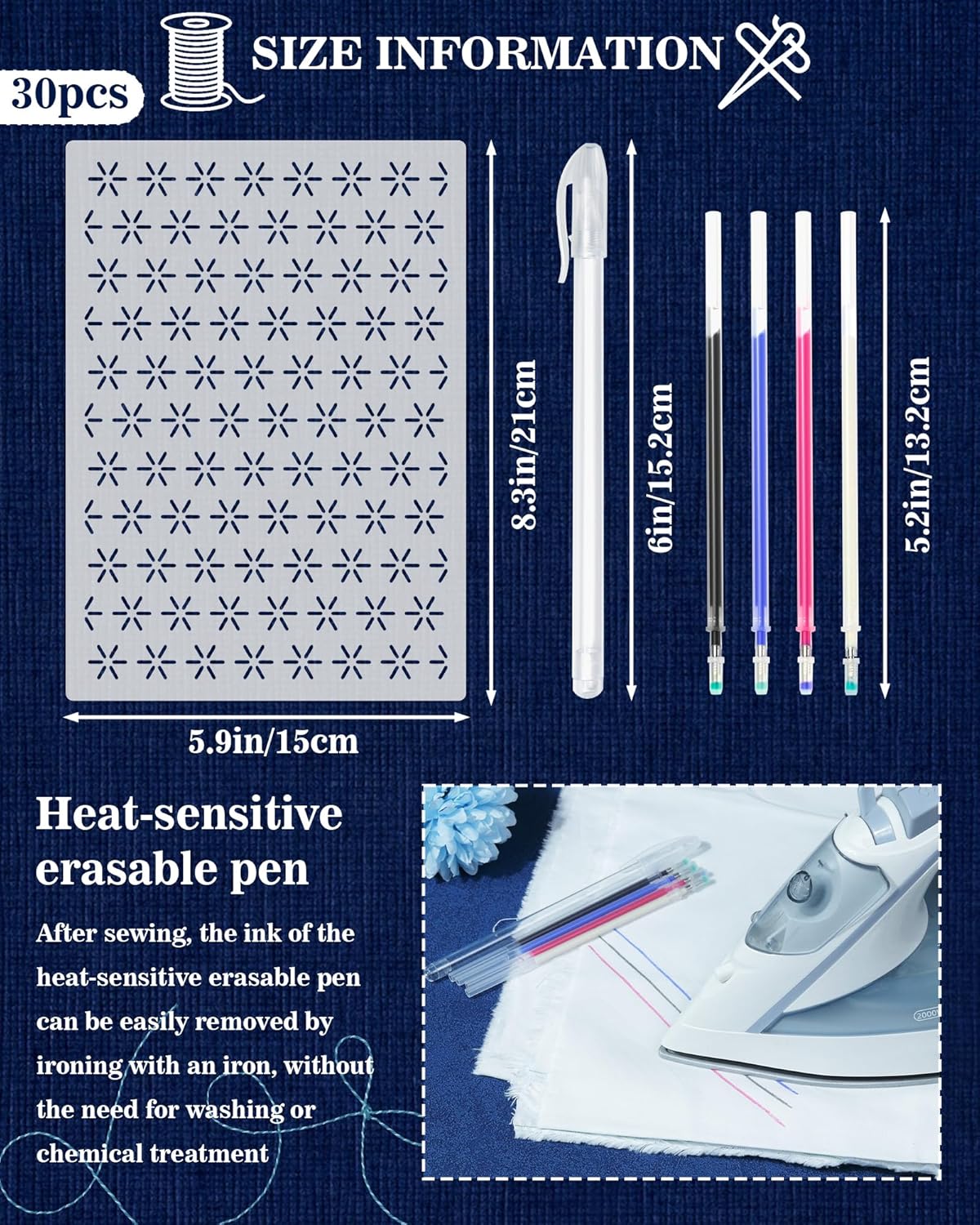 FIVEIZERO 30PCS Sashiko Stencils Kit-5.9inx8.3in Sashiko Template with 4 Heat Erasable Pens;Reusable Plastic Templates for Embroidery,Quilting,Sewing on Clothes,Jeans,Table Runners,DIY Crafts