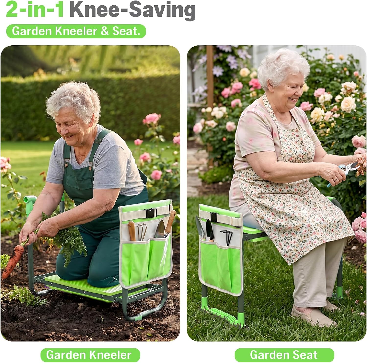 Garden Kneeler and Seat Heavy Duty, Foldable Gardening Stool Bench with Widened Thick Soft Kneeling Pad and Tool Pouches - 2-in-1 Portable Kneeling Device for Seniors (Green)