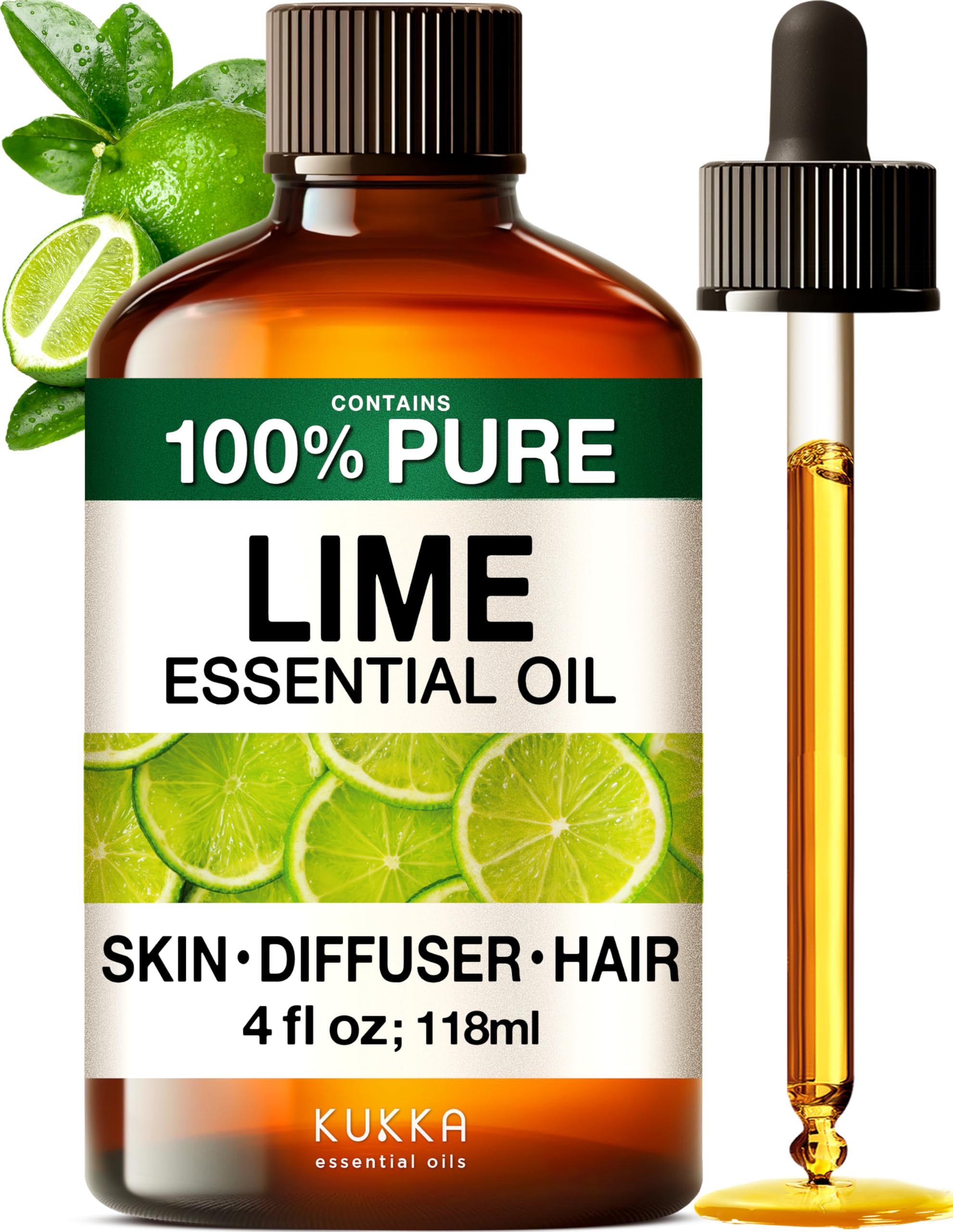 KUKKA Lime Essential Oils - 4 Fl Oz - for Hair, Skin, Diffuser, Aromatherapy & DIY Soap Making Scent