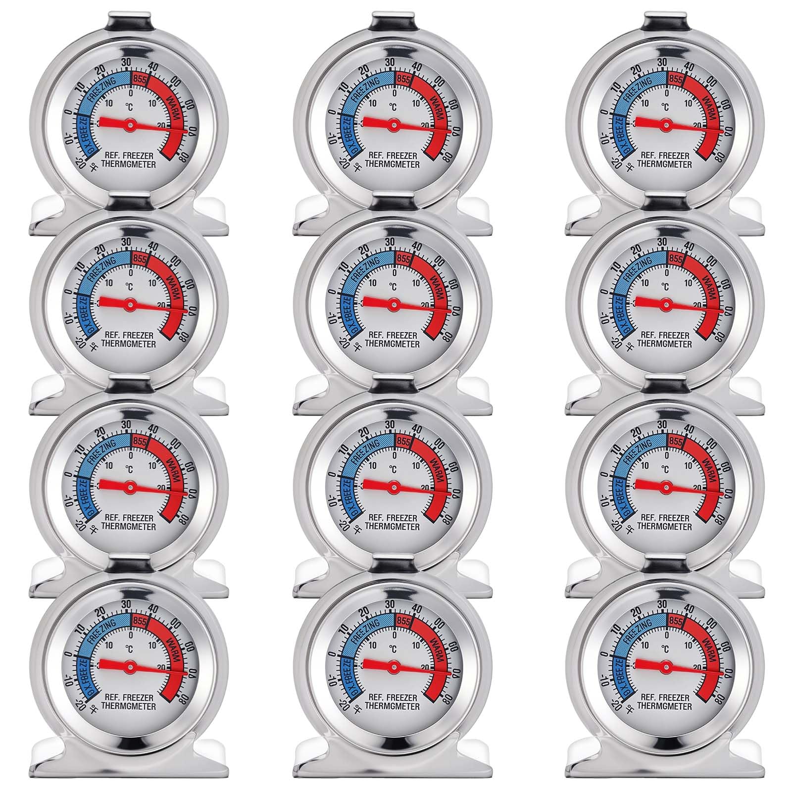 Confezione da 12 termometri analogici per frigorifero e congelatore, in acciaio inox, con quadrante grande, per frigorifero, congelatore