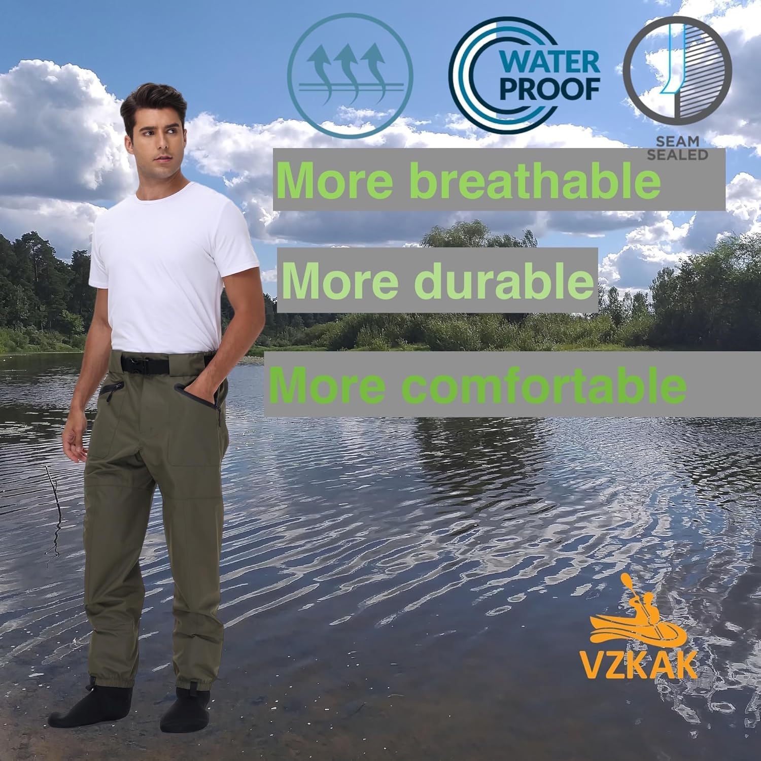 Fishing Waders for Men and Women,Wading Pants with Neoprene Stocking Foot,Fishing Waist Waders Pants with Pockets - Image 7