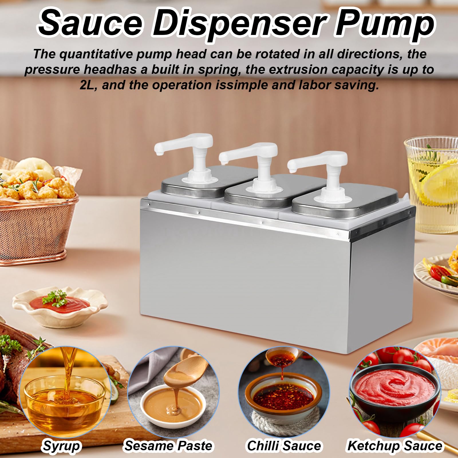 Distributore di salsa da 6 l, distributore di salse in acciaio inox 304, per alimenti, antigoccia, 10 cc per pompa, distributore di salsa per ketchup, maionese, salsa di bistecca, sciroppo da dessert