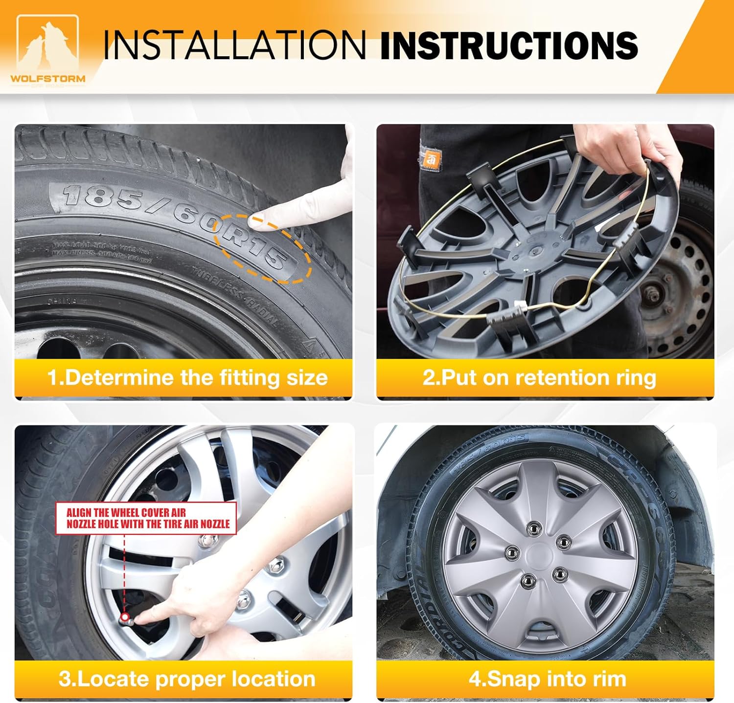 WOLFSTORM 15" Wheel Rim Covers Universal Hubcaps, Fashion Style Hubs Snap on Car Truck SUV ABS Plastic Exterior Accessorios - Set of 4 (Regular Silver)