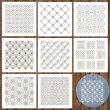 Yousoontic 8 Pieces 4.7 x 4.7 Inch Plastic Stencil Kit Geometric Sashimi Pattern Template Drawing Line Embroidery Pattern for Hand Quilting and Embroidery, 2.5mm Thickness Novelty Style