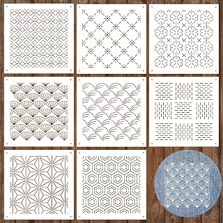 Yousoontic 8 Pcs 4.7 x 4.7 Inch Plastic Sashiko Stencil kit Geometric Sashiko Pattern Template Drawing Line Embroidery Pattern for Hand Quilting and Embroidery, 2.5mm Thick (Novel Style)