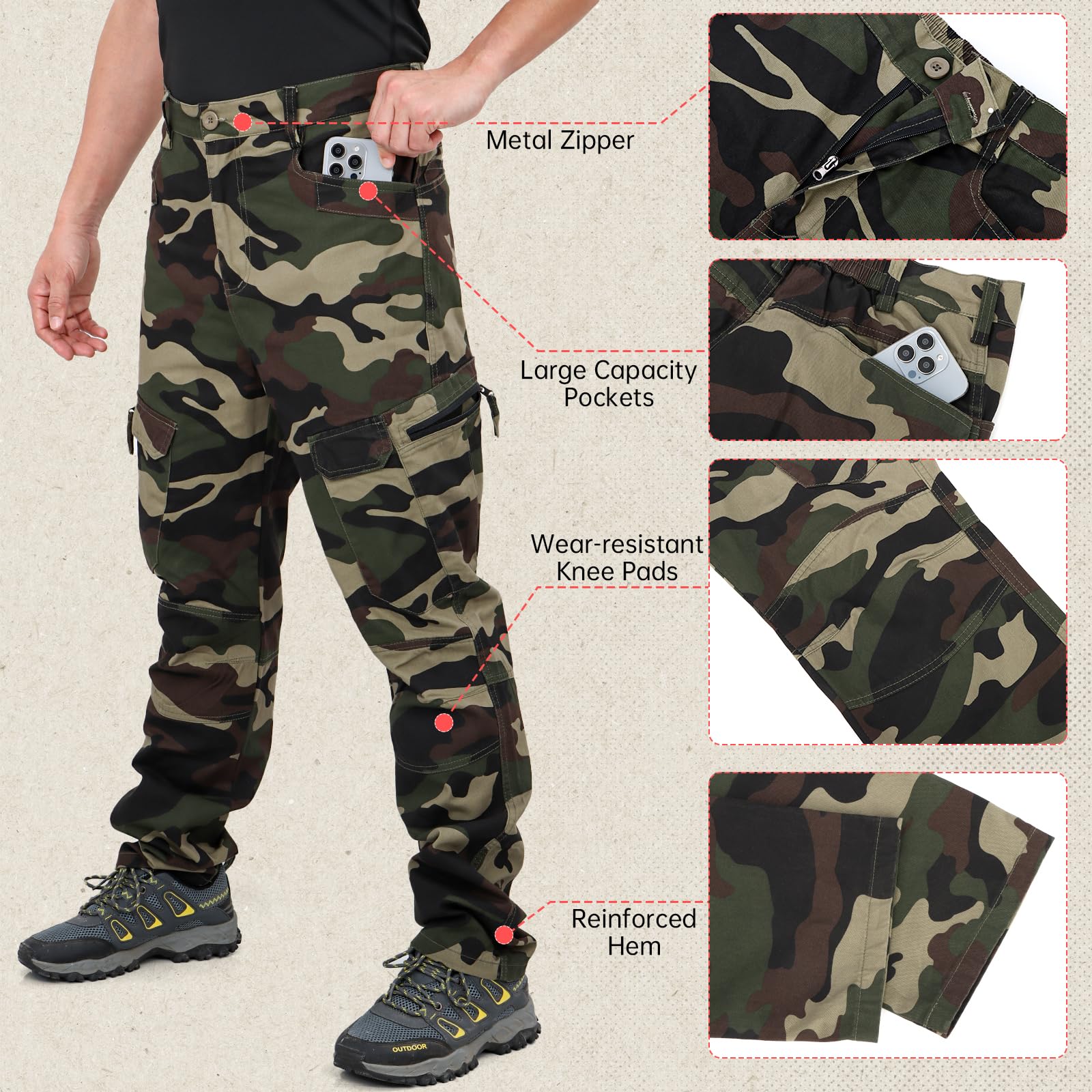 LY4U Pantaloni da Lavoro Cargo da Uomo, Pantaloni Casual da Esterno Mimetici in Cotone - Abbigliamento da Trekking da Campeggio con 10 Tasche