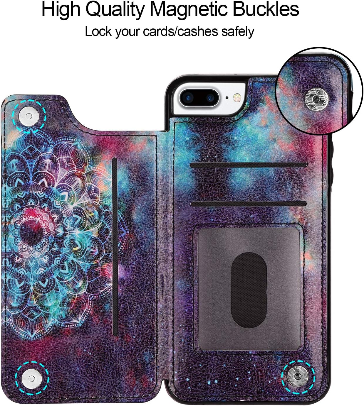 HianDier Wallet Case for iPhone 8 Plus 7 Plus Slim Protective Case with Credit Card Slot Holder Flip Soft PU Leather Magnetic Closure Cover Compatible with iPhone 7 Plus 8 Plus 6 Plus 6s Plus, Mandala