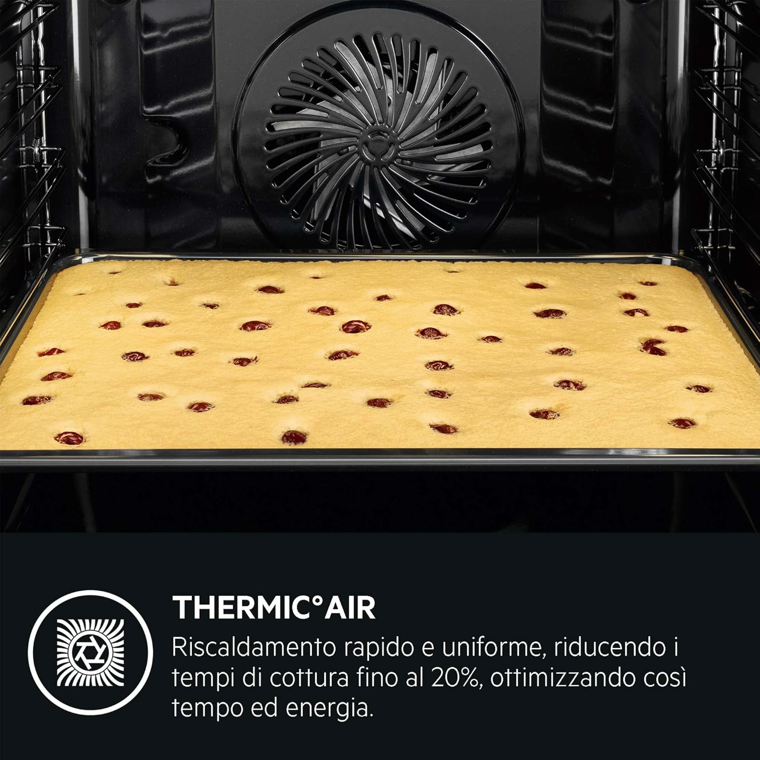 AEG oven interior with a cake baking, showing the fan for ThermiC°Air ventilation