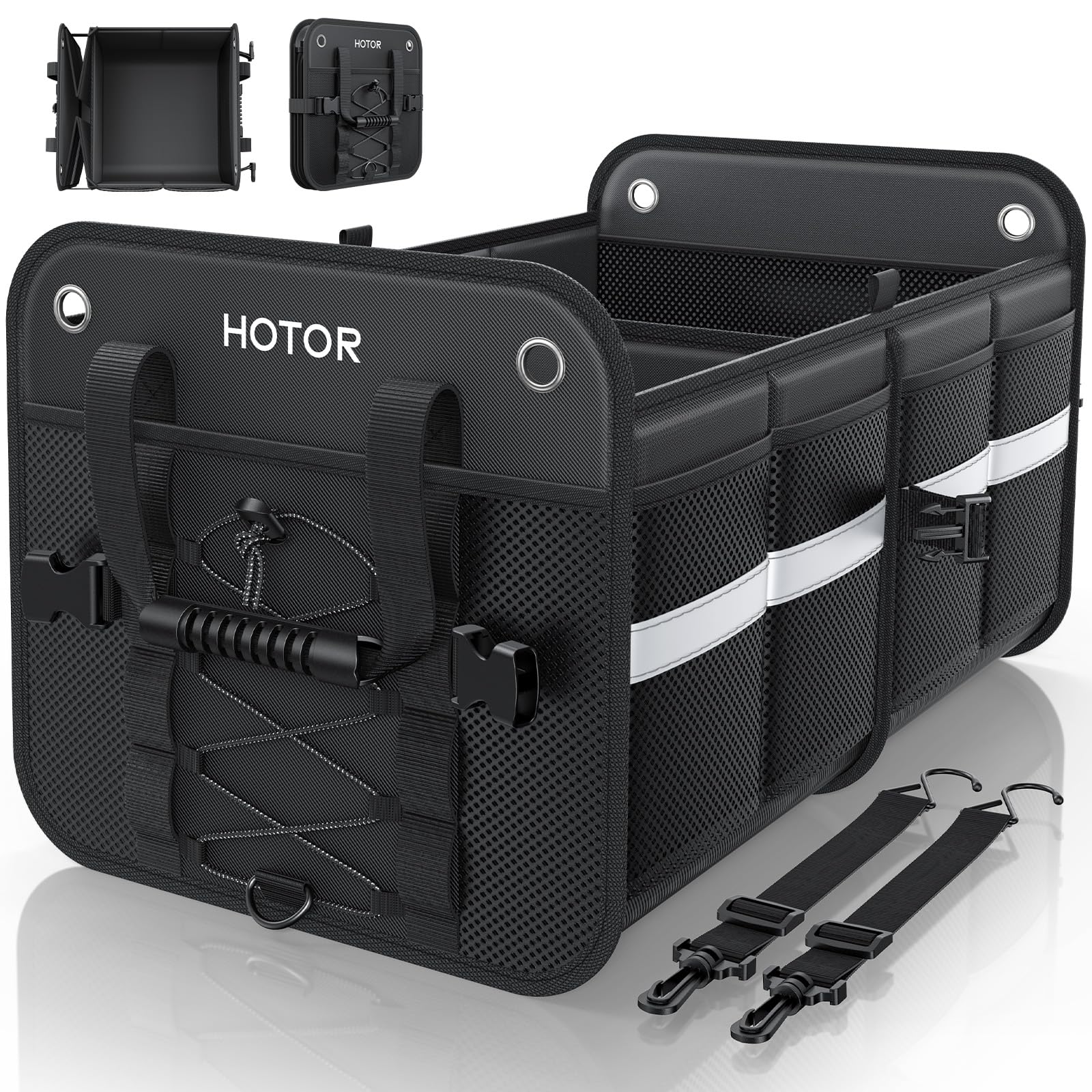 HOTOR Trunk Organizer for SUV – Car Storage Box with Reflective Strips, Collapsible Car Organizer with Large Capacity, Essential Car Accessories for Truck, Van & Sedan, Black, 22.1" x 13.0" x 12.0"