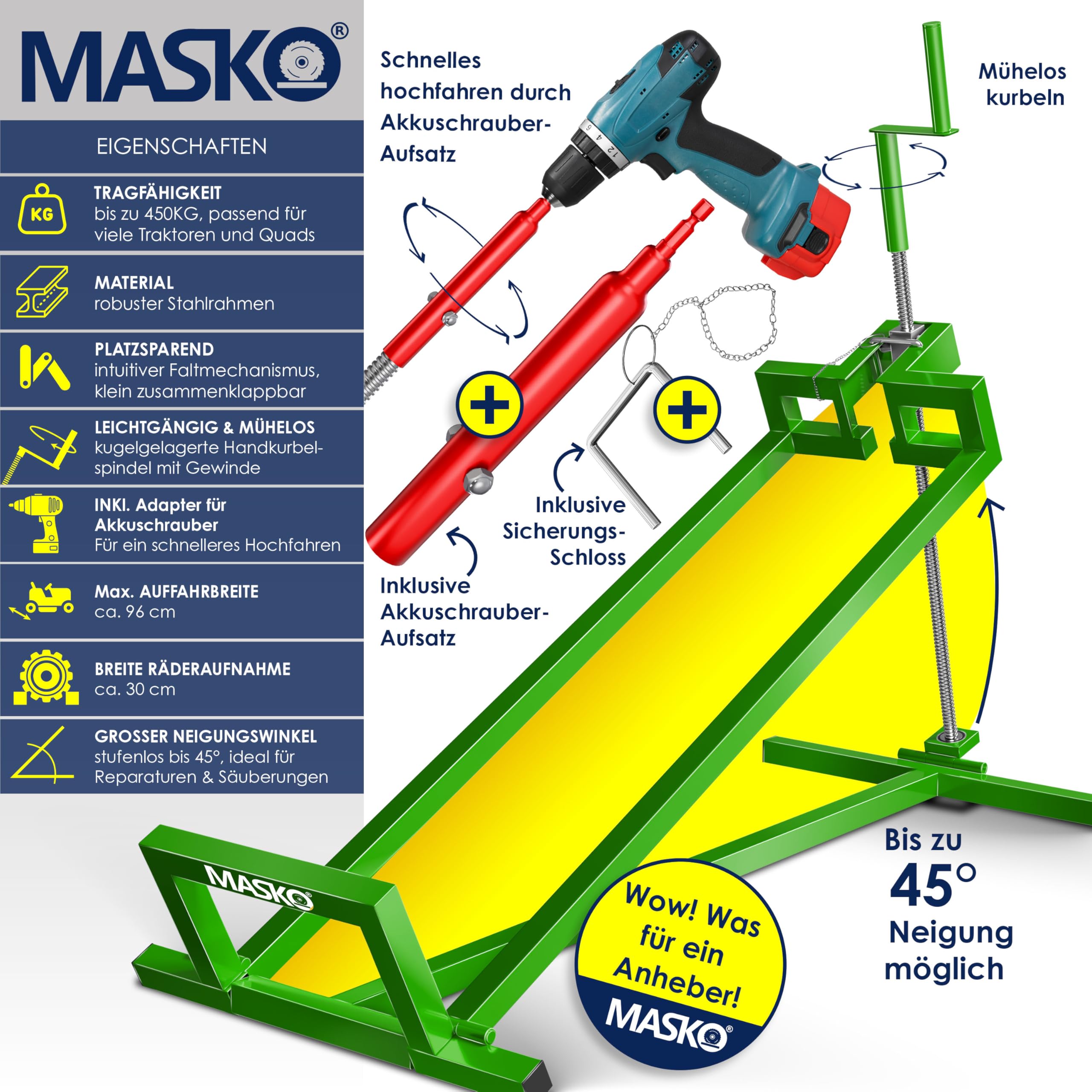 MASKO Elevador de tractor de césped XXL, 450 kg, dispositivo elevador, plataforma elevadora, herramienta de limpieza universal, elevación de tractor de césped, inclinación ajustable +45°, incluye