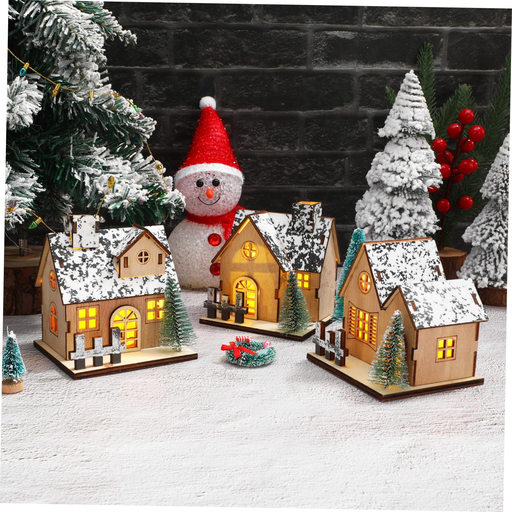 Hohopeti 3pezzi Casetta di Legno Natalizia Luci LED Villaggio di Case di Natale Decorazione per Casa di Natale in Legno