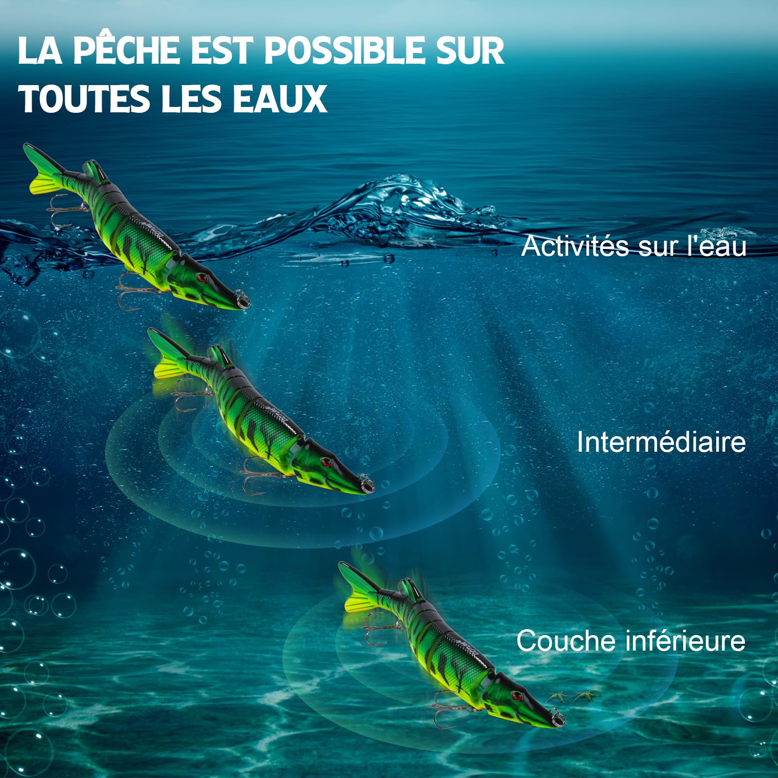 Goture Appât Artificiel pour Brochet, Appât de Glisse pour Brochet, Appât de Pêche en Surface pour Appât de Natation Segmenté, Appât de Pêche Réaliste pour Sandre, Perche, Truite, Wobbler Swimbait