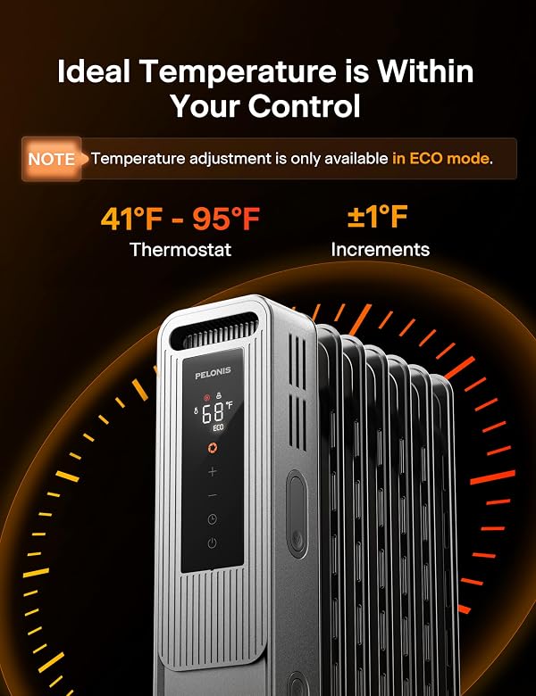 PELONIS Oil Filled Radiator, Electric Space Heater for Indoor Use Large Room with Thermostat & Remote, 3 Modes & 3 Heat Settings, ECO Mode, 24H Timer, Quiet, Overheat & Tip-Over Protection, 1500W by PELONIS - Image 6
