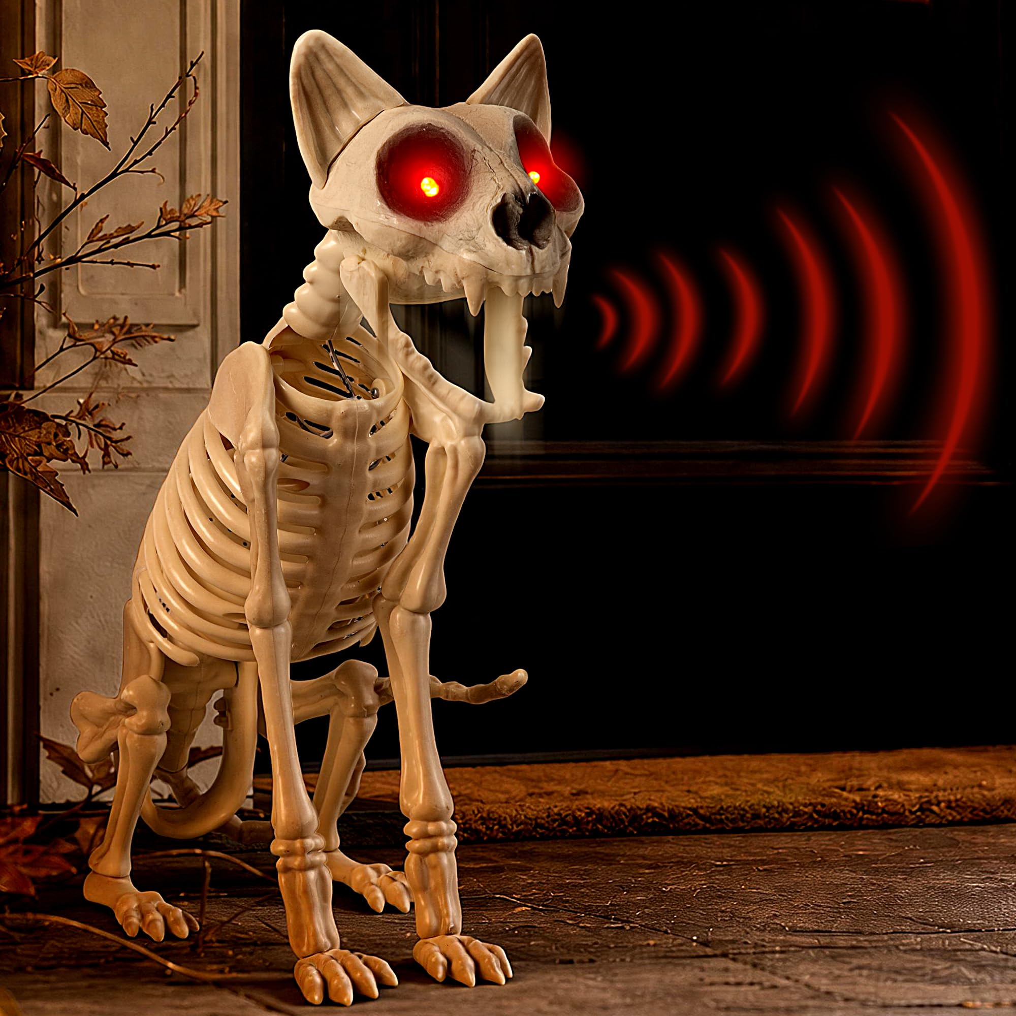 Halloween Animatronic Scheletro Gatto 38 cm, suono e tocco attivato decorazione di Halloween con mascella mobile, occhi rossi luminosi e suono spettrale, puntello animato per casa infestata, cortile