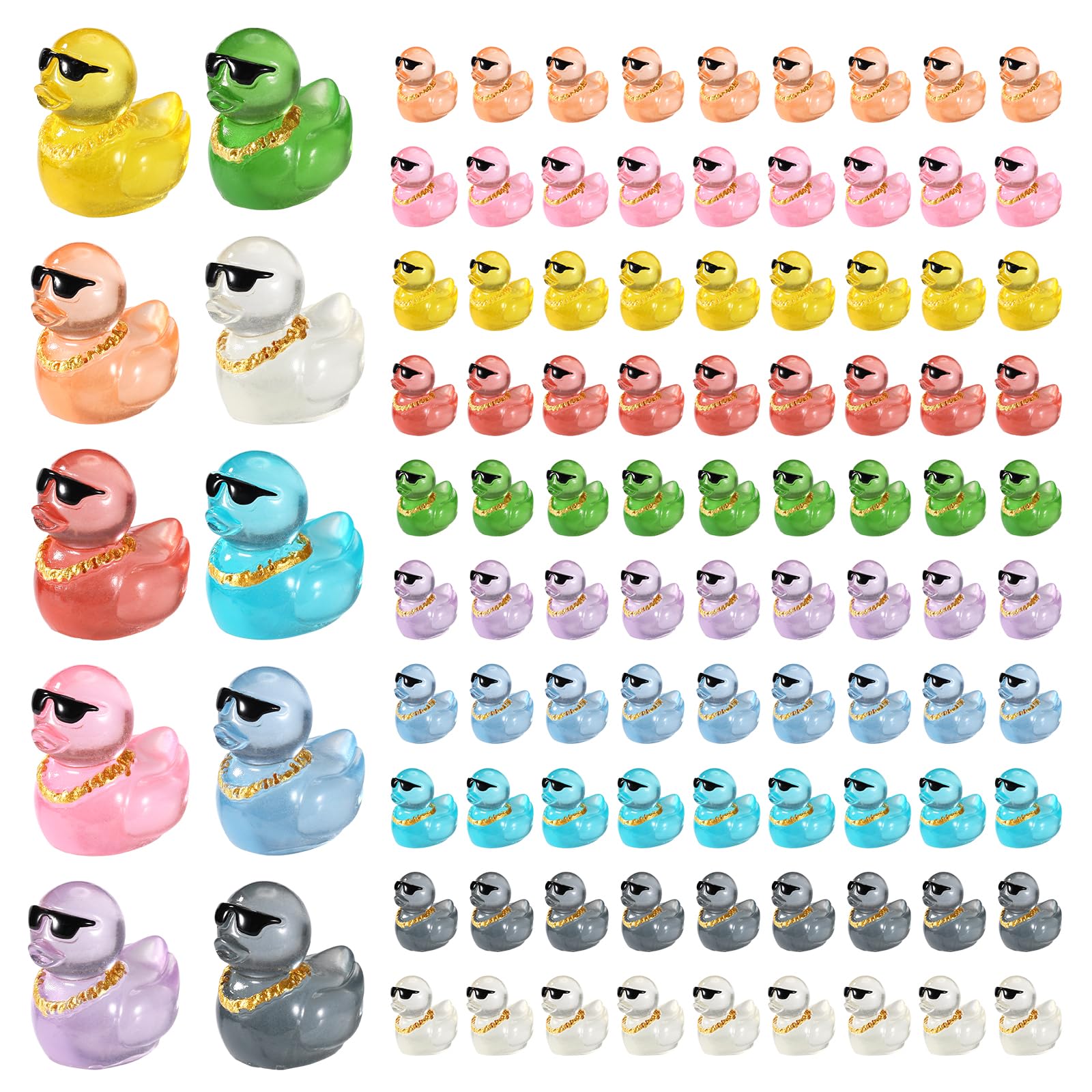 Tinoaly 100pcs Mini Ducks with Sunglasses & Gold Chain