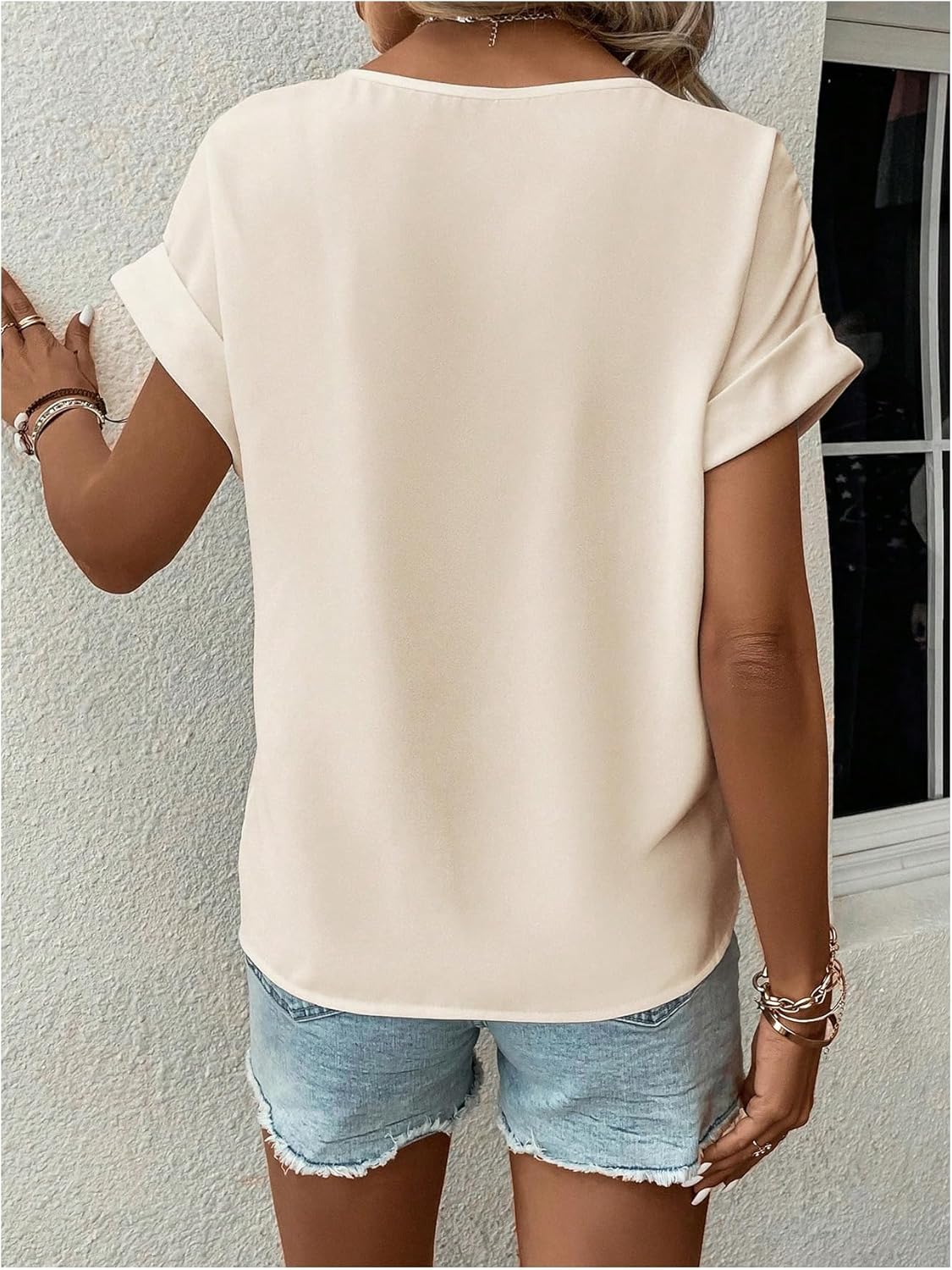 Floerns Women's Dolman Short Sleeve Notched V Neck Casual Blouse Top - Image 2