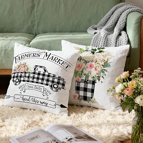 Miniatura 2 de Hexagram Juego de 4 fundas de almohada florales de granja de 16 x 16 pulgadas, fundas de almohada decorativas de primavera a cuadros de búfalo,