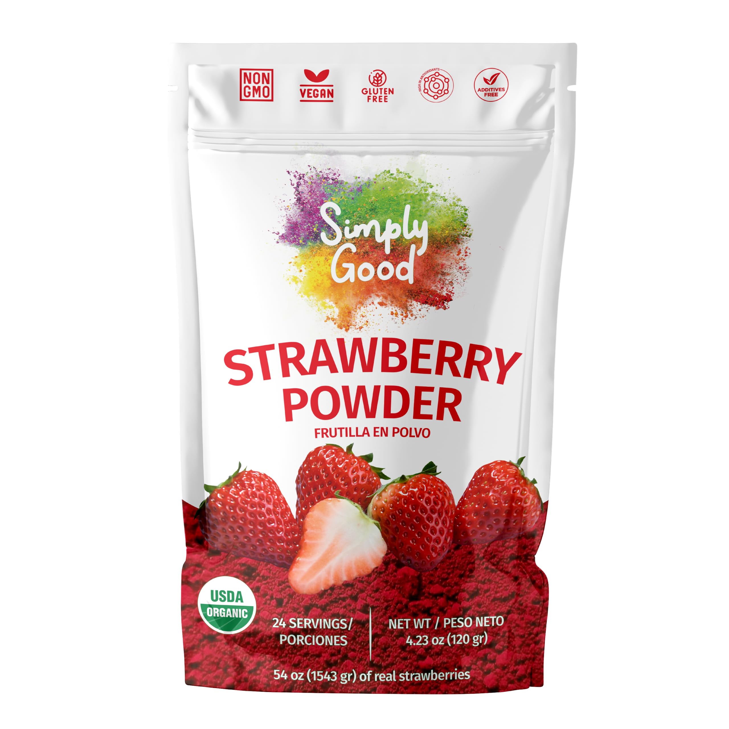 Simply Good Organic Strawberry Powder - 4.23 oz Pouch (24 Servings) - Nutrient-Rich Superfood, Non-GMO, Vegan, Gluten-Free, Kosher - Sourced from Natural Organic FarmsUSDA Organic