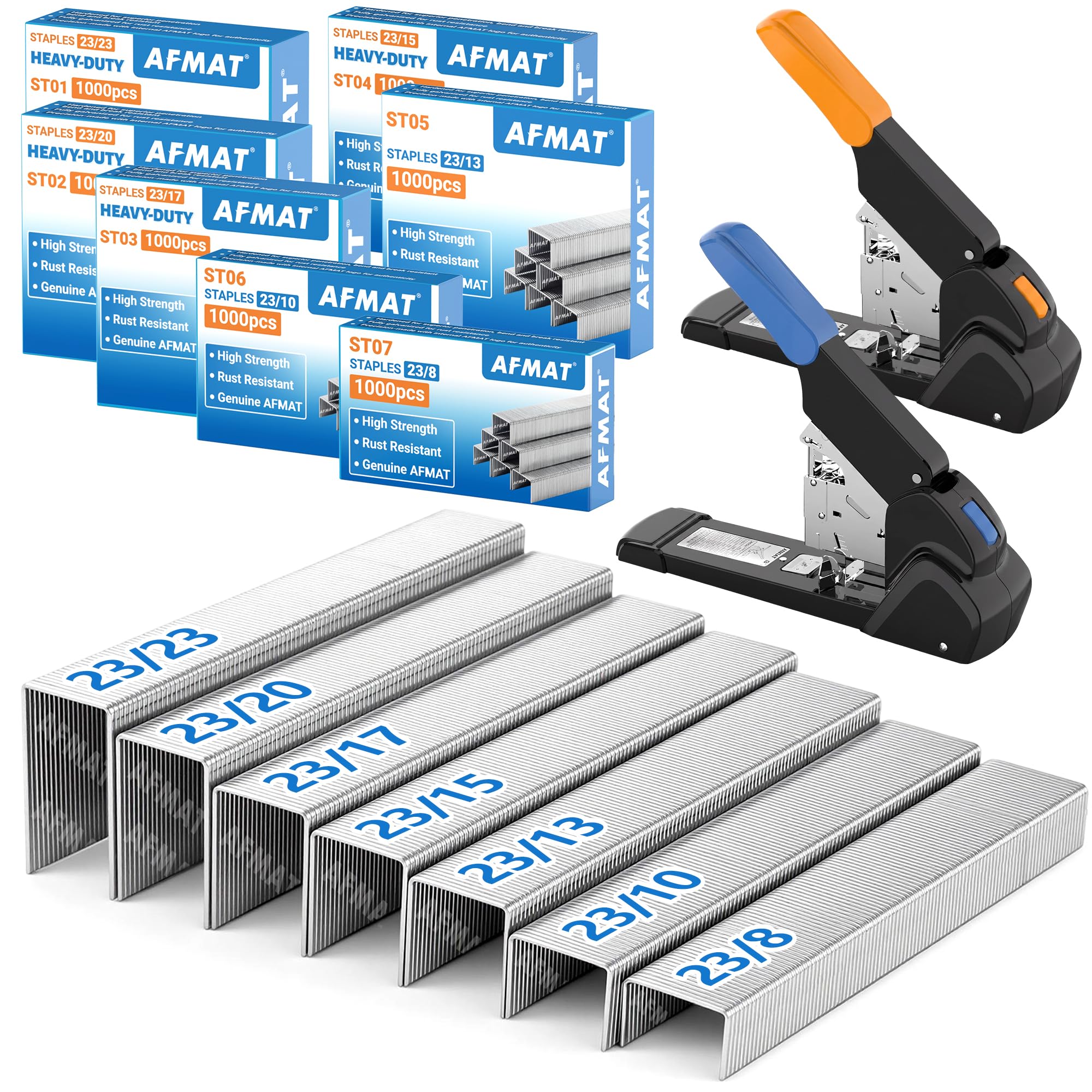 AFMAT Heavy Duty Staples 23/8-23/23, 7000 Pcs, High Carbon Steel Staple for Stapling Up to 220 Sheets(70gsm), Anti-Rust, Jam-Free, Staple Refills for Heavy Duty Stapler, Each Size 1000 Pcs (1 Box)