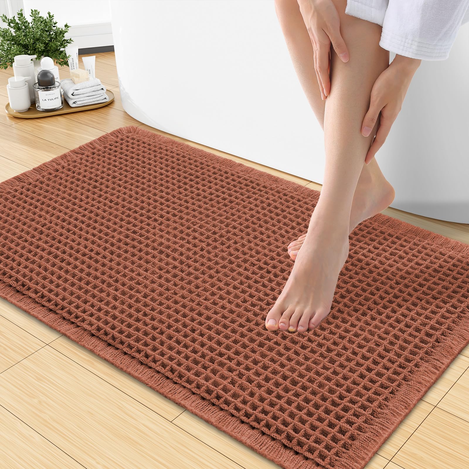 Smiry Waffle Bath Mat 30X18, Extra Soft Absorbent Bathroom Rugs, Orange