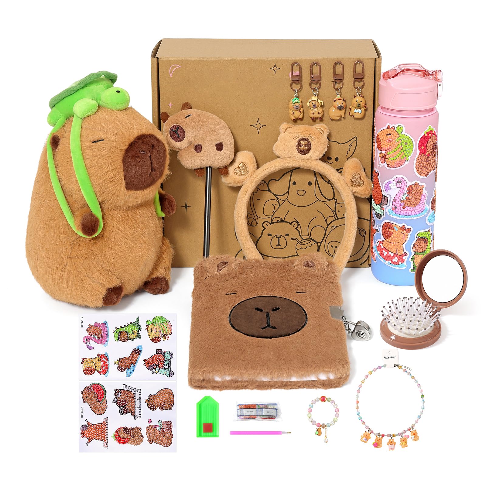 shownicer Capybara Lot de 10 peluches pour filles de 4, 5, 6, 7, 8, 9, 10 ans et plus, avec peluche, peinture au diamant, bouteille d'eau, stylo, carnet de notes, bijoux pour cheveux, peigne, kit de