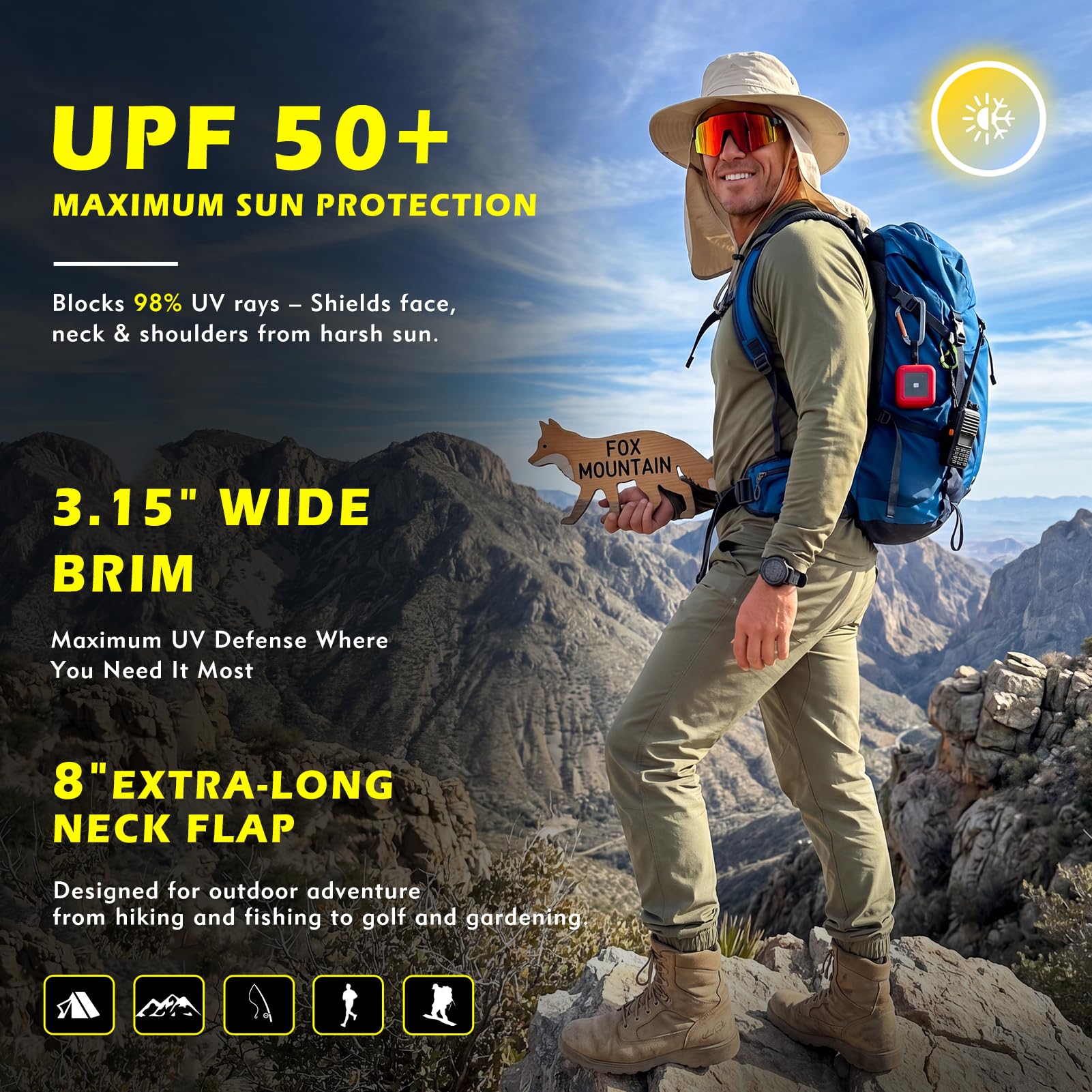 TOP-EX UVCoolix™ Chapeaux de soleil rafraîchissants pour homme et femme avec protection du cou, UPF 50 à large bord, protection UV, chapeau boonie pour randonnée, safari, imperméable, respirant, XL