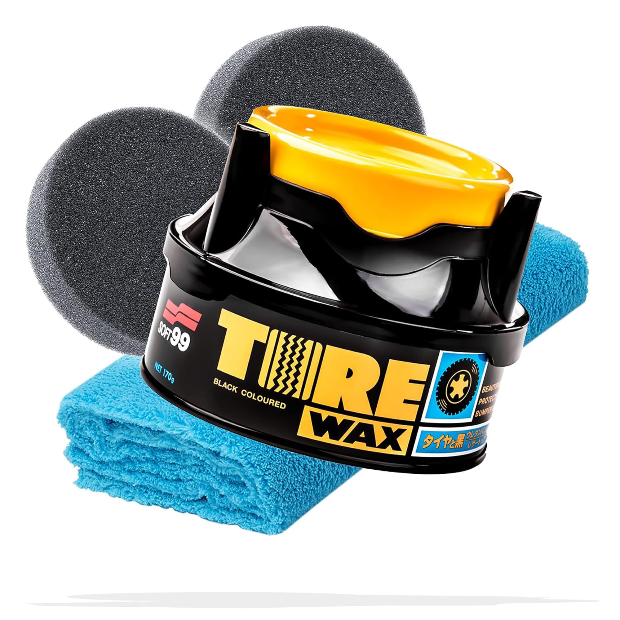 detailmate Reifen- und Kunststoffpflege Bundle Basis | Soft99 Tire Black Wax 170g + 2X Applikatorpad + 1x Mikrofaser Poliertuch 550GSM | Reifenwachs mit Färbungseffekt