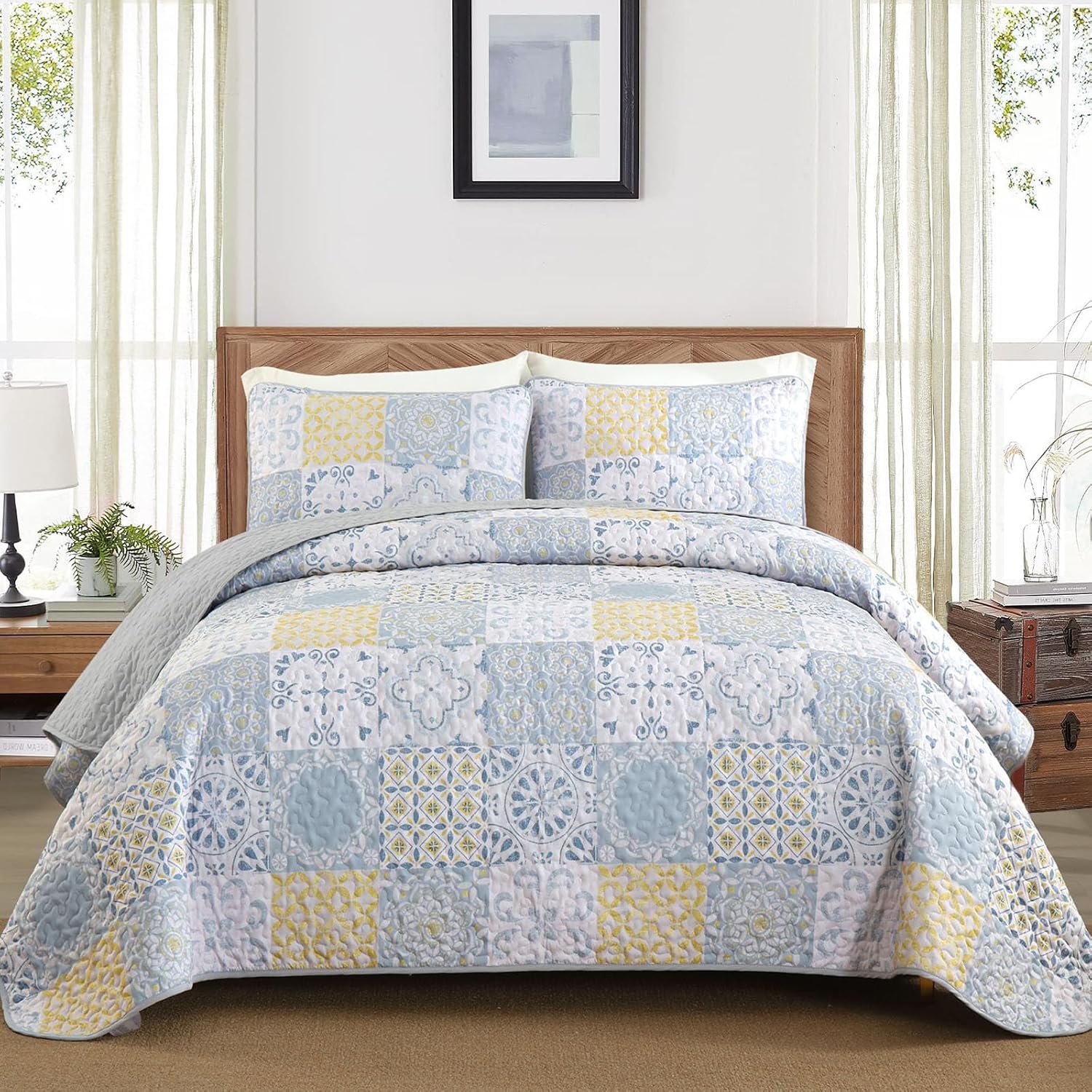Dobuyly Queen Quilt Set 3 Pieces, Blue/Yellow/Grey Patchwork Bedspreads, Boho Summer Coverlet Set, Soft Lightweight Microfiber Bedding Set for All Seasons 96"x90" - Image 2