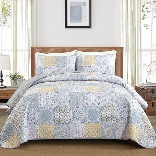 Miniatura 2 de Dobuyly Juego de edredón tamaño Queen de 3 piezas, colcha de retazos azulamarillogris, juego de edredón de verano bohemio, juego de ropa de cama de