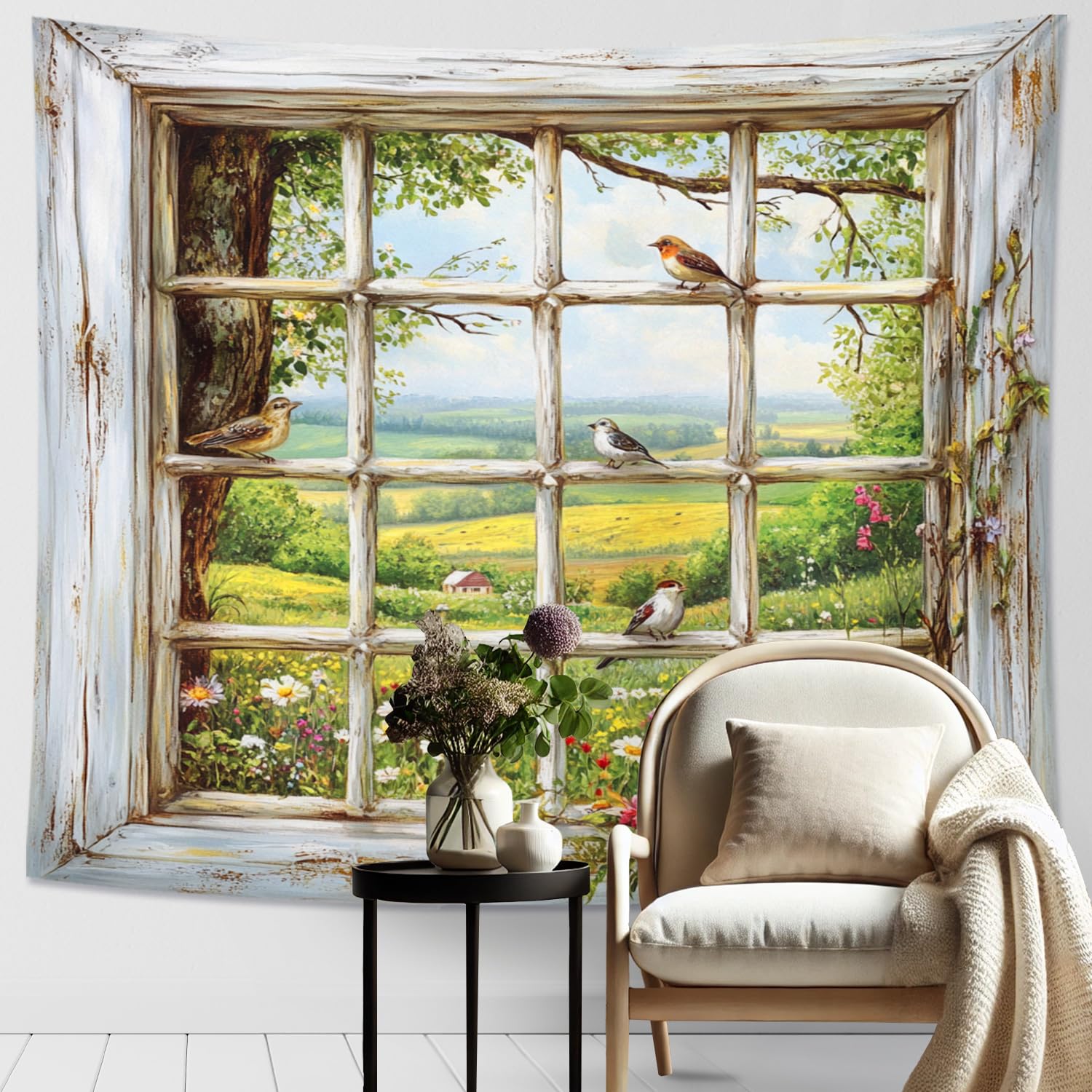 Birds and Flowers Rustic Tapestry, Yellow Green Nature Scene Wall Hanging, Spring Decor for Living Room, Bedroom, Aesthetic Tapestries for Home 80x60 Inch