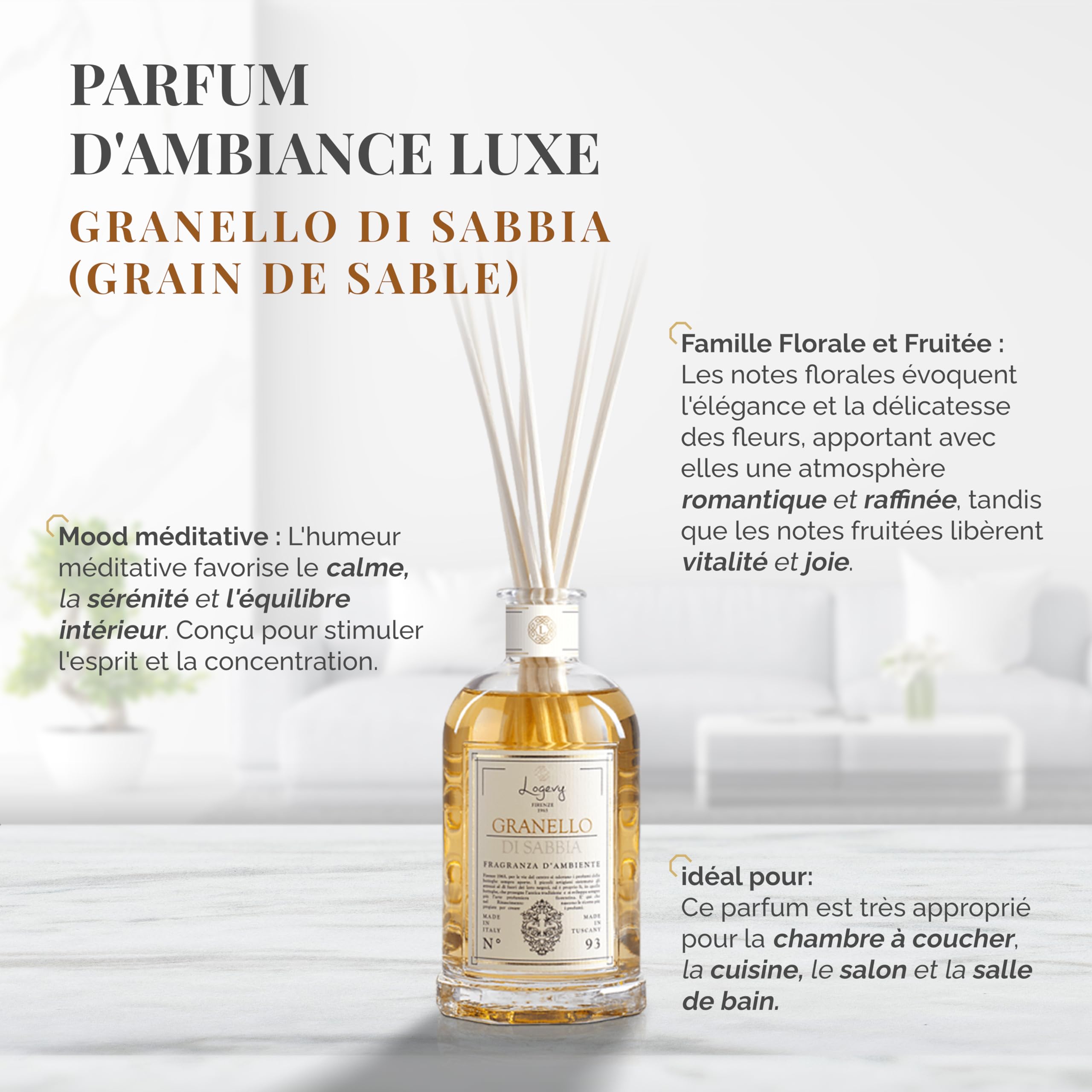 LOGEVY - Diffuseur pour ambiance pour le bien-être de la Personne et de la Maison - Grain de sable (500 ml New 2022)