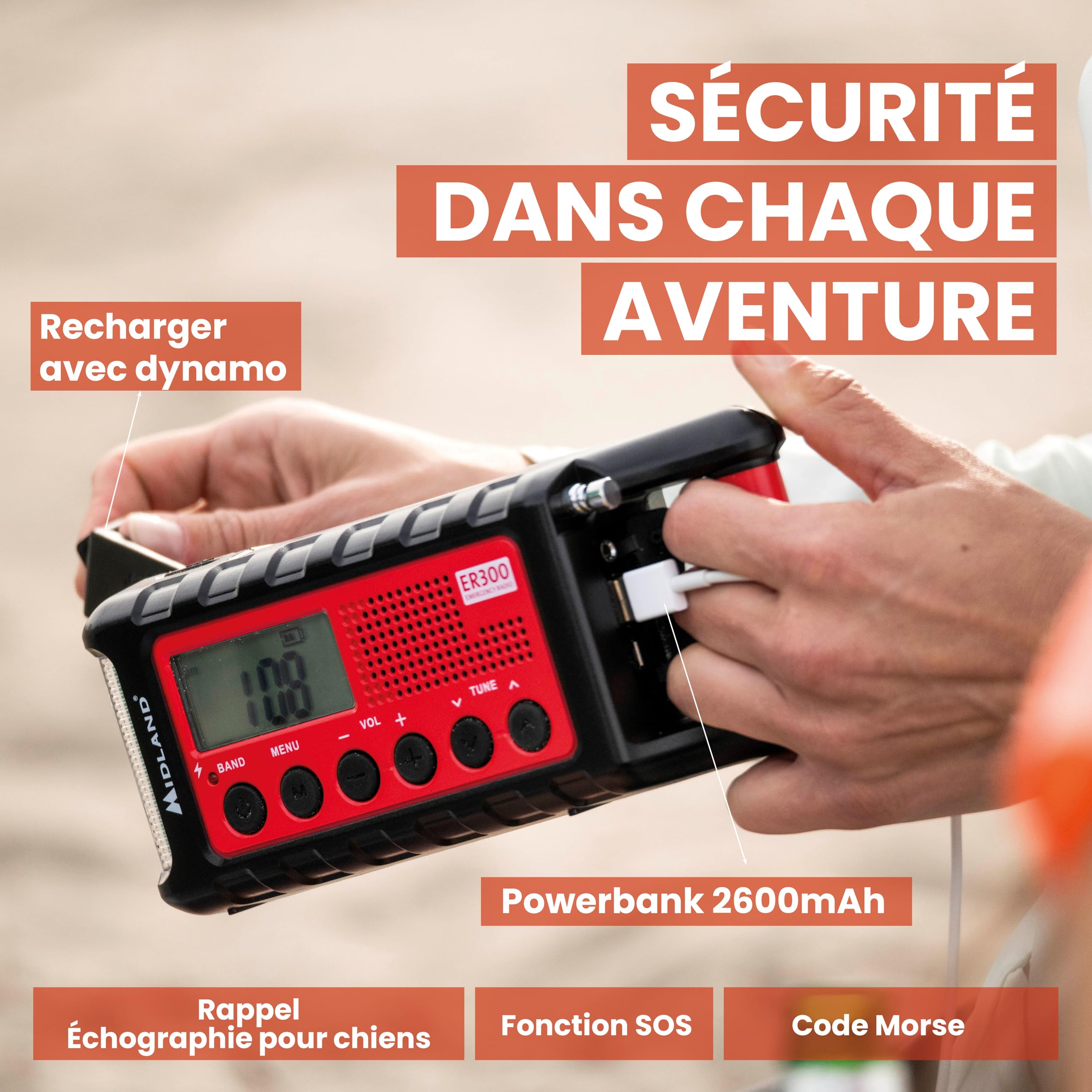 Midland - Power Bank Secours ER300 Multifonctionnel Camping et Outdoor, Lampe Torche LED Dynamo, Récepteur AM/FM avec Panneau Solaire, Fonction SOS et Rappel Ultrasons Chiens, Piles Rechargeables