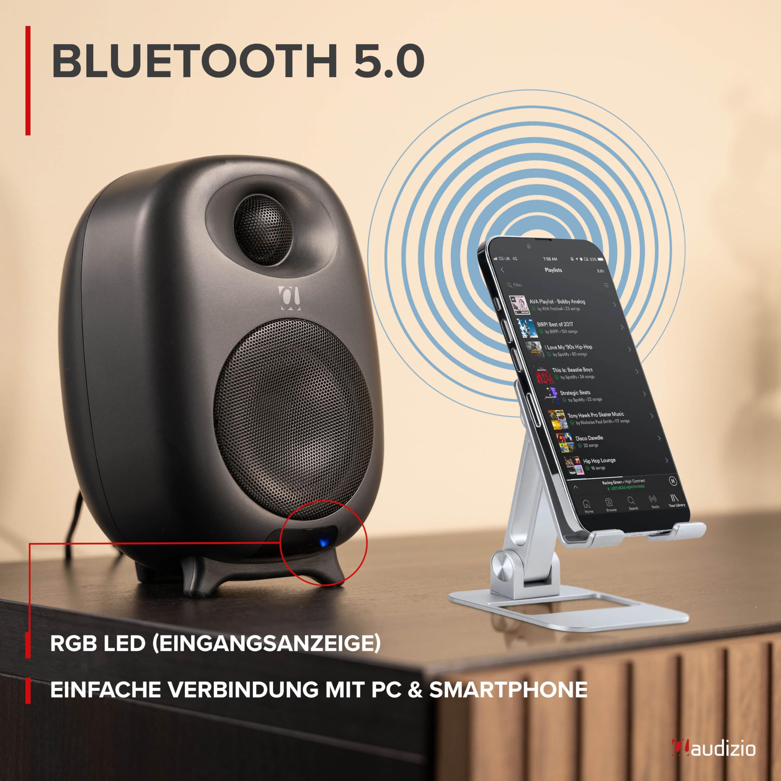 Audizio RS60 Lautsprecher Bluetooth, 120 Watt Studio Monitor | DSP | 40Hz-20kHz | RCA |PC Boxen, inspirierende PC Lautsprecher für Gamer und Musikliebhaber - Grau