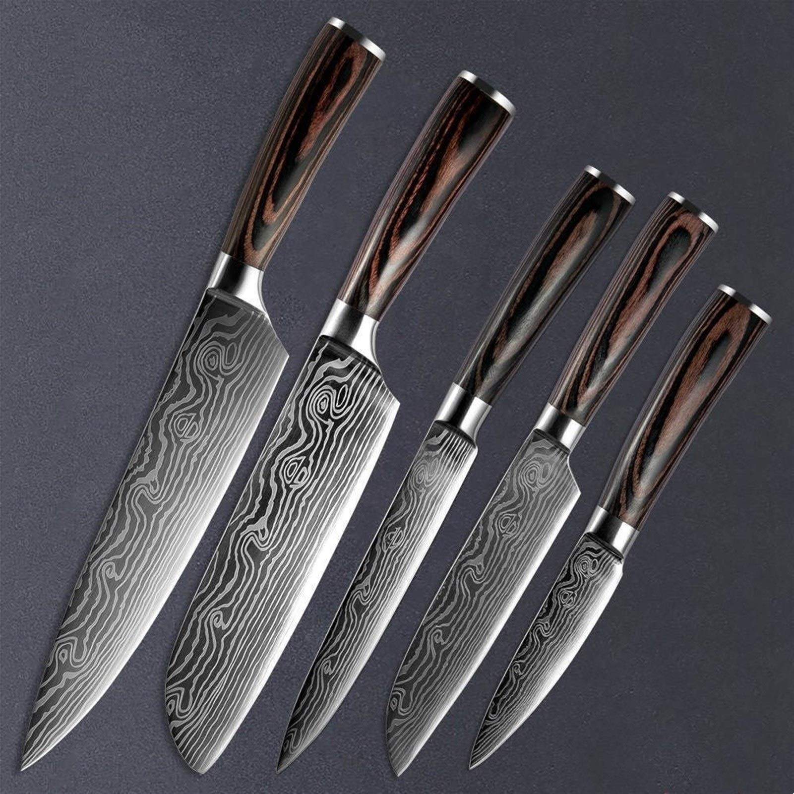 Cuchillo de Chef japonés de acero inoxidable, cuchillos con patrón de lijado, cuchillo profesional de hoja afilada, herramienta de cocina, regalo (Color : 5PCS set)